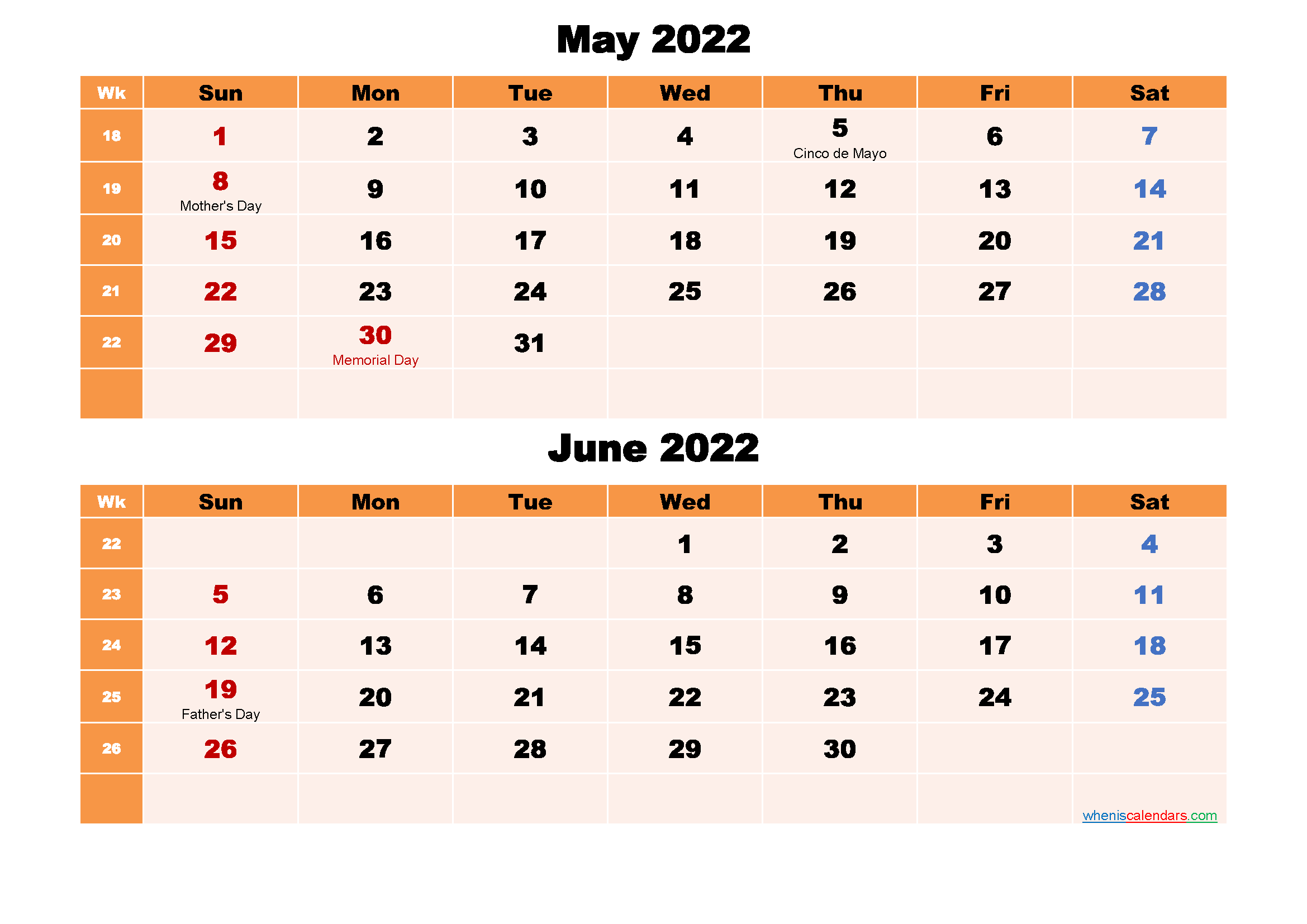 Calendar for May and June 2022 Word, PDF