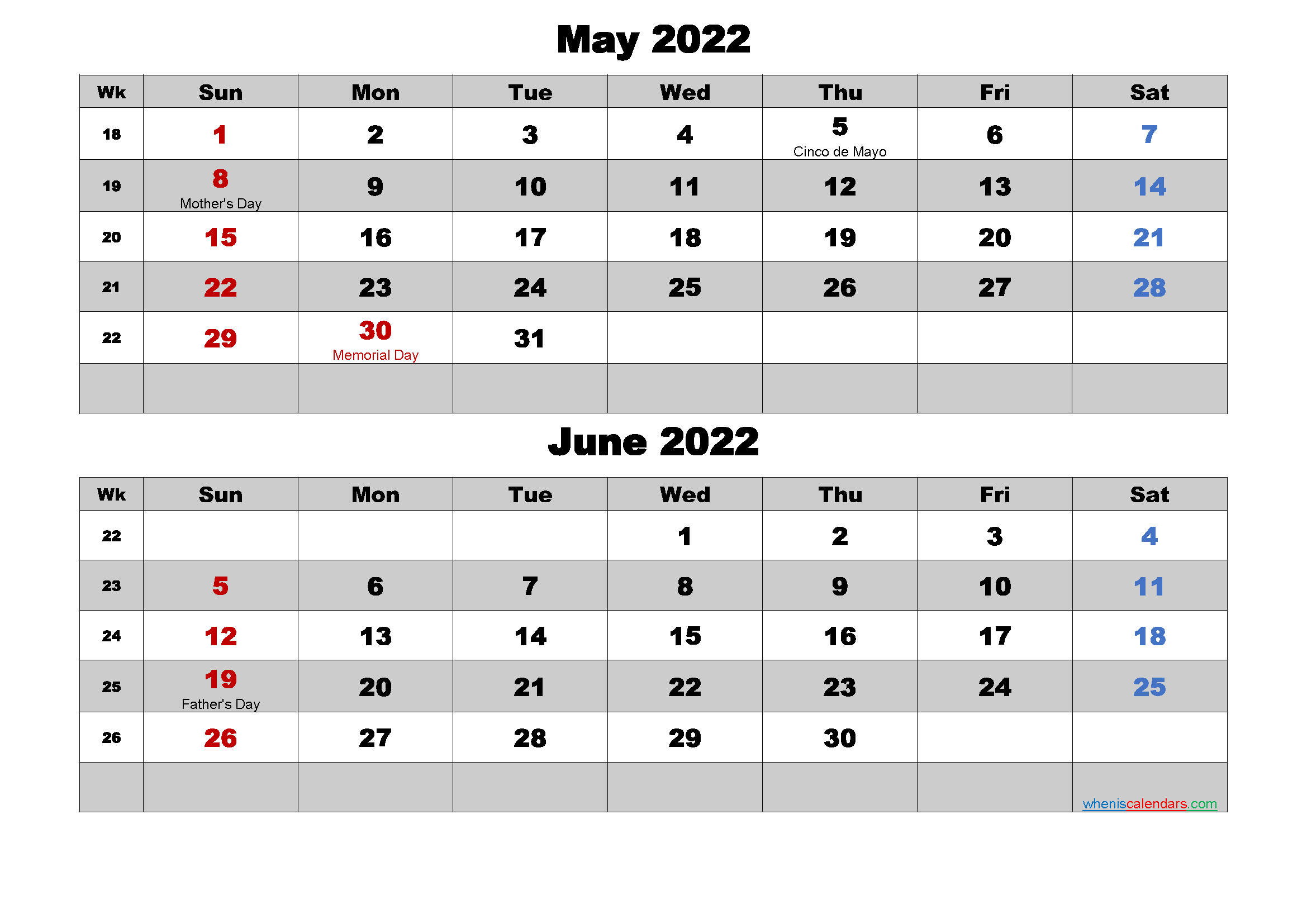 May and June 2022 Calendar with Holidays
