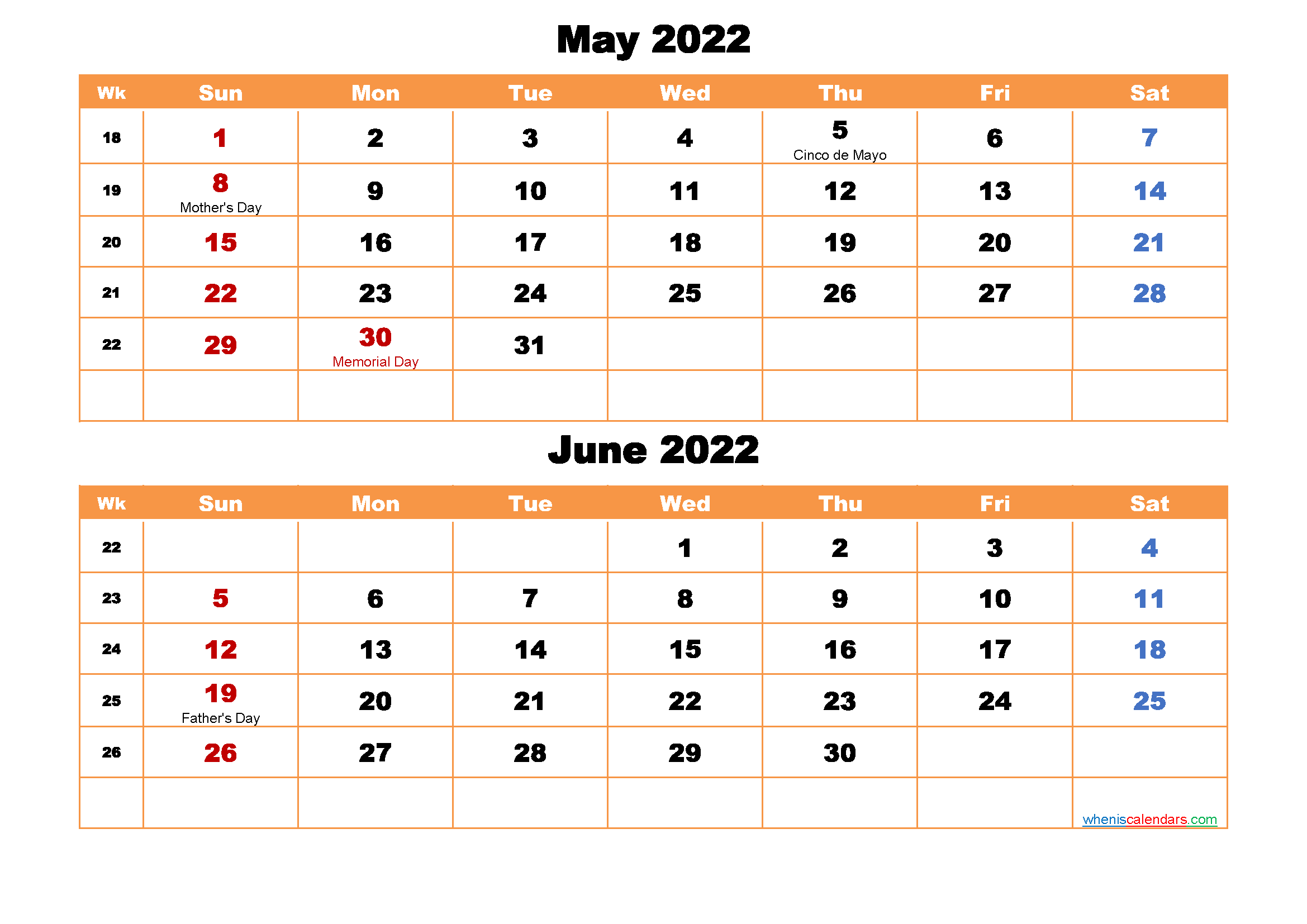 May and June Calendar 2022 Printable Word, PDF