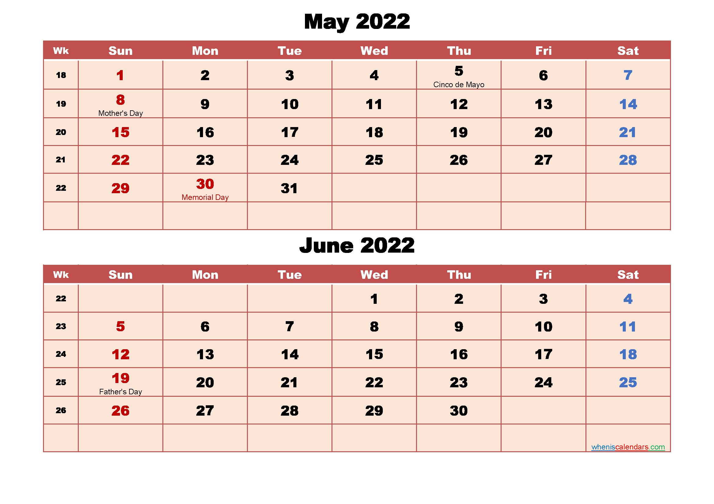 Calendar for May and June 2022 Word, PDF Free Printable 2021 Monthly