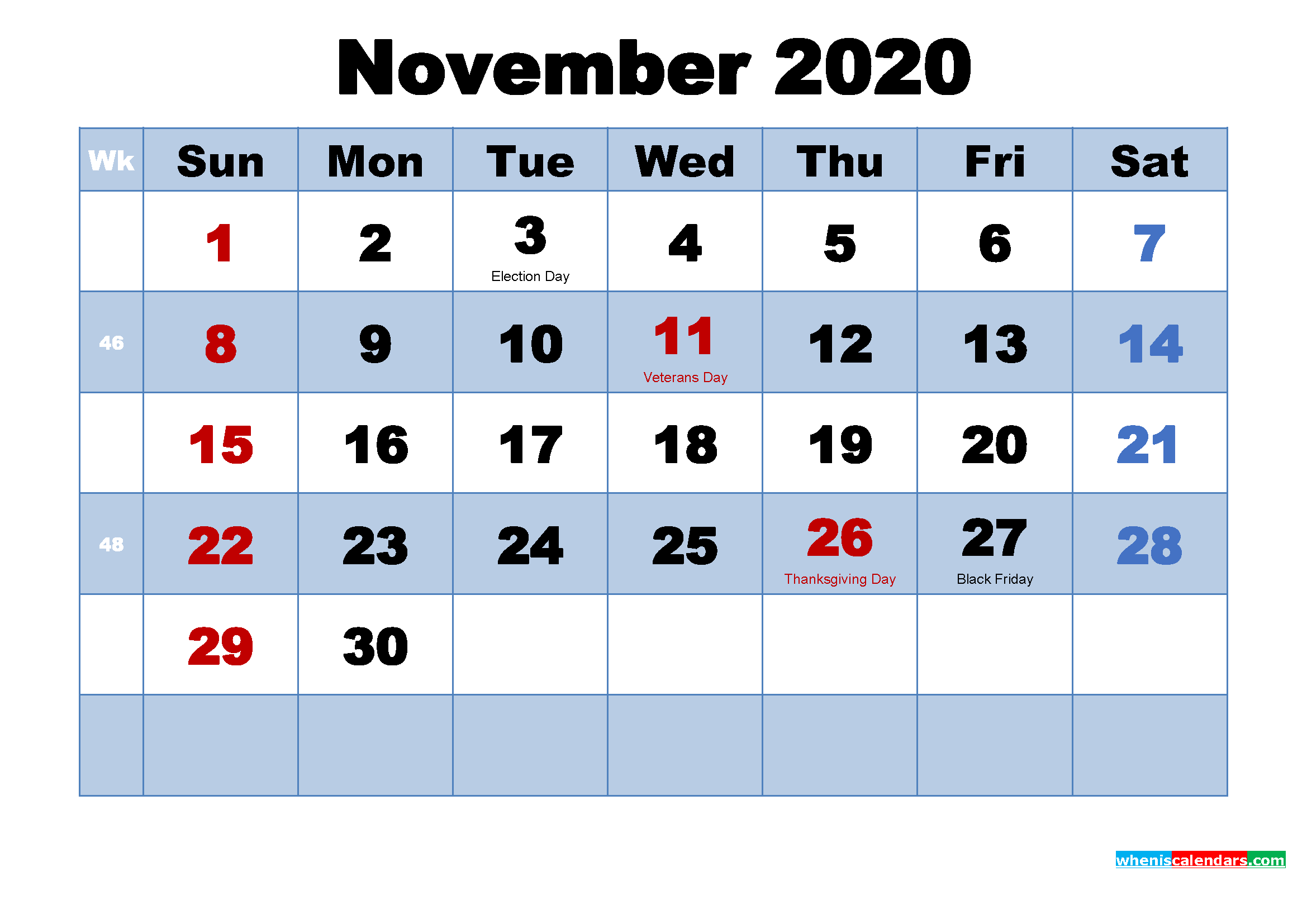 Free Printable 2020 Calendar November as Word, PDF