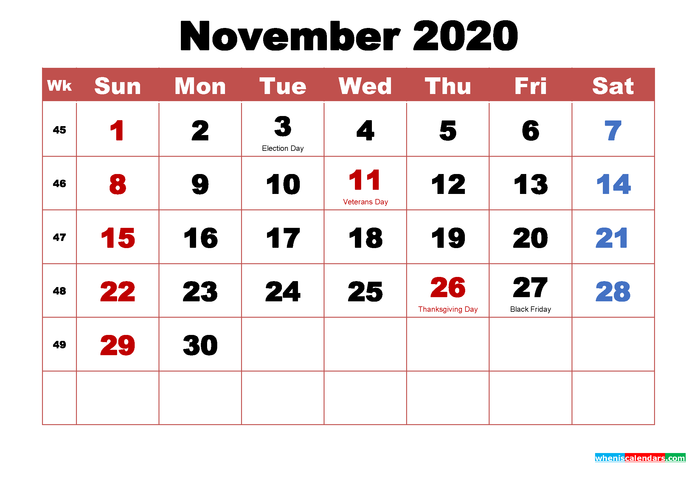 Printable November 2020 Calendar with Holidays Word, PDF