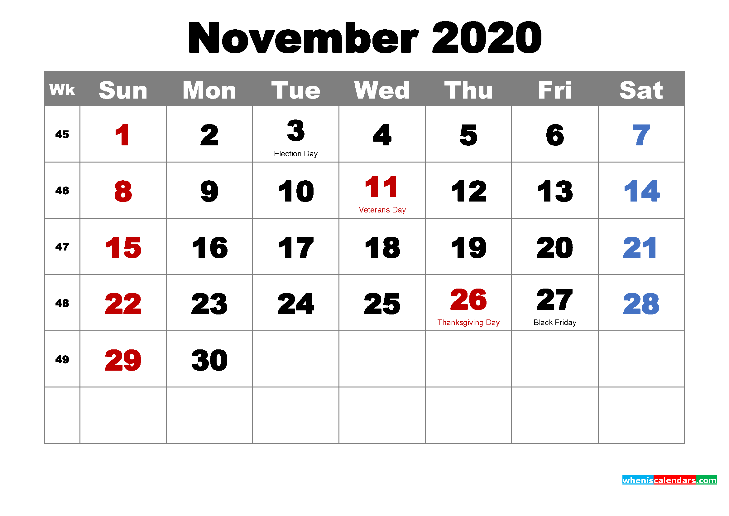 Free Printable November 2020 Calendar with Holidays as Word, PDF