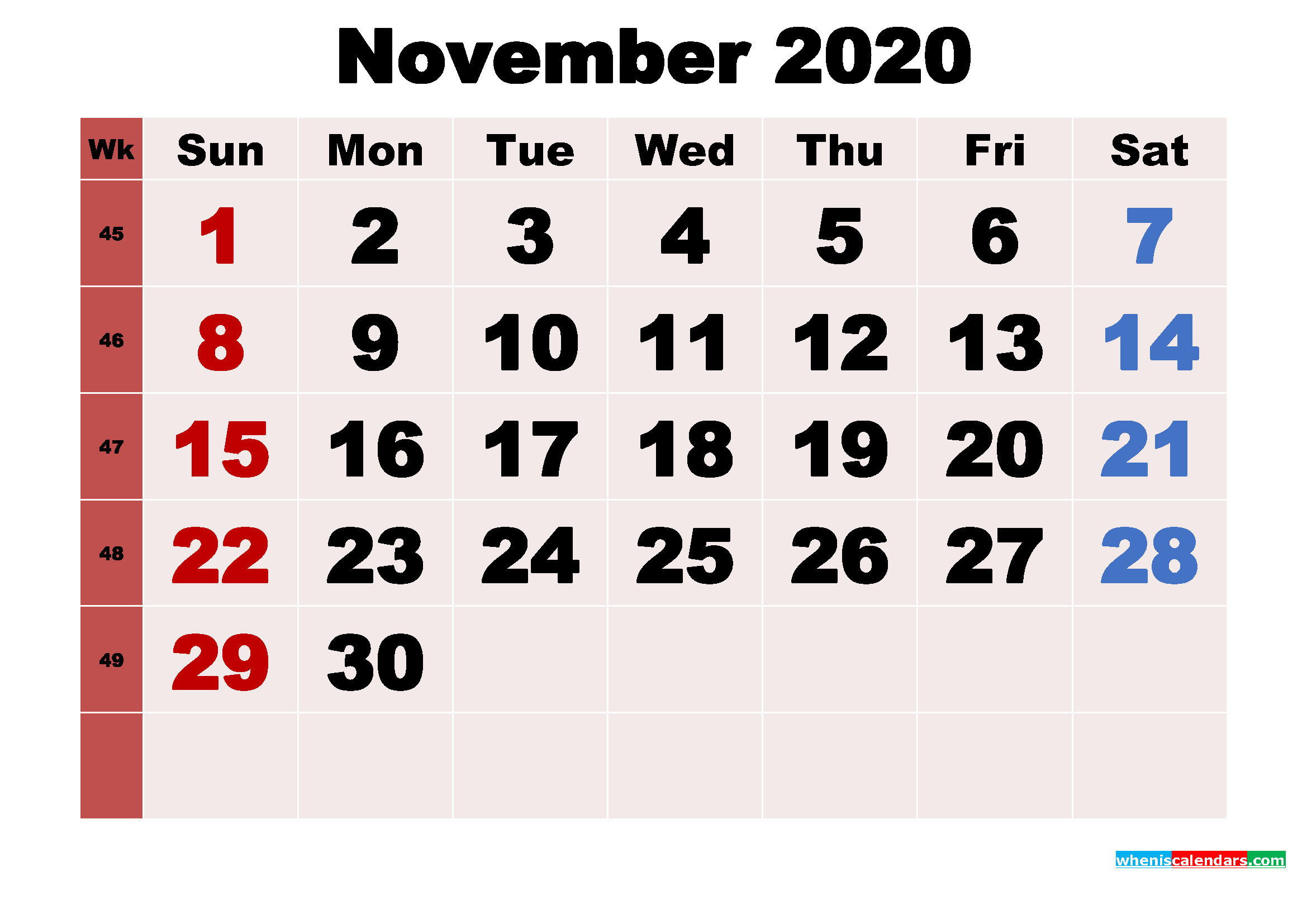 Free Printable Monthly Calendar November 2020