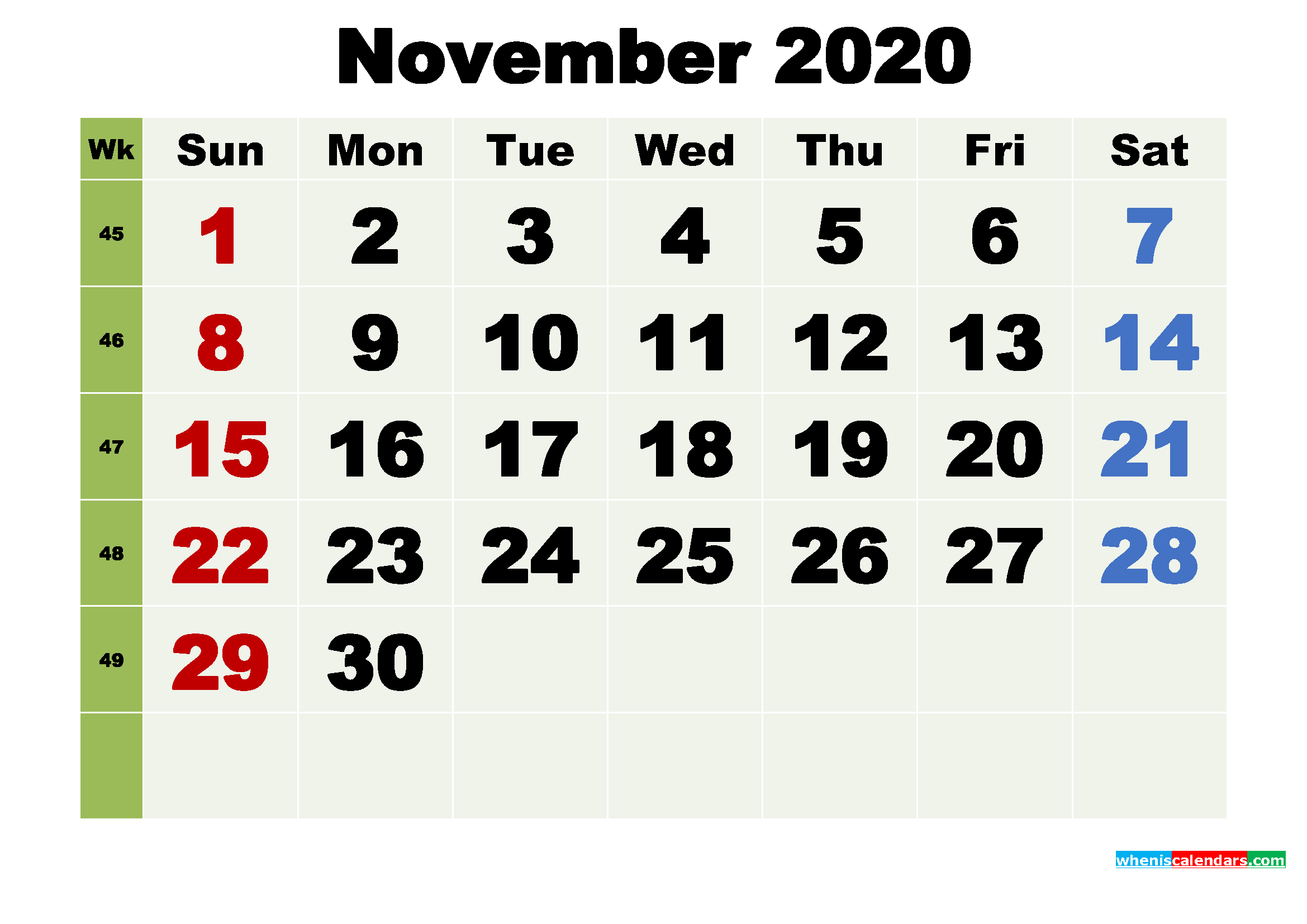 November 2020 Printable Calendar Template