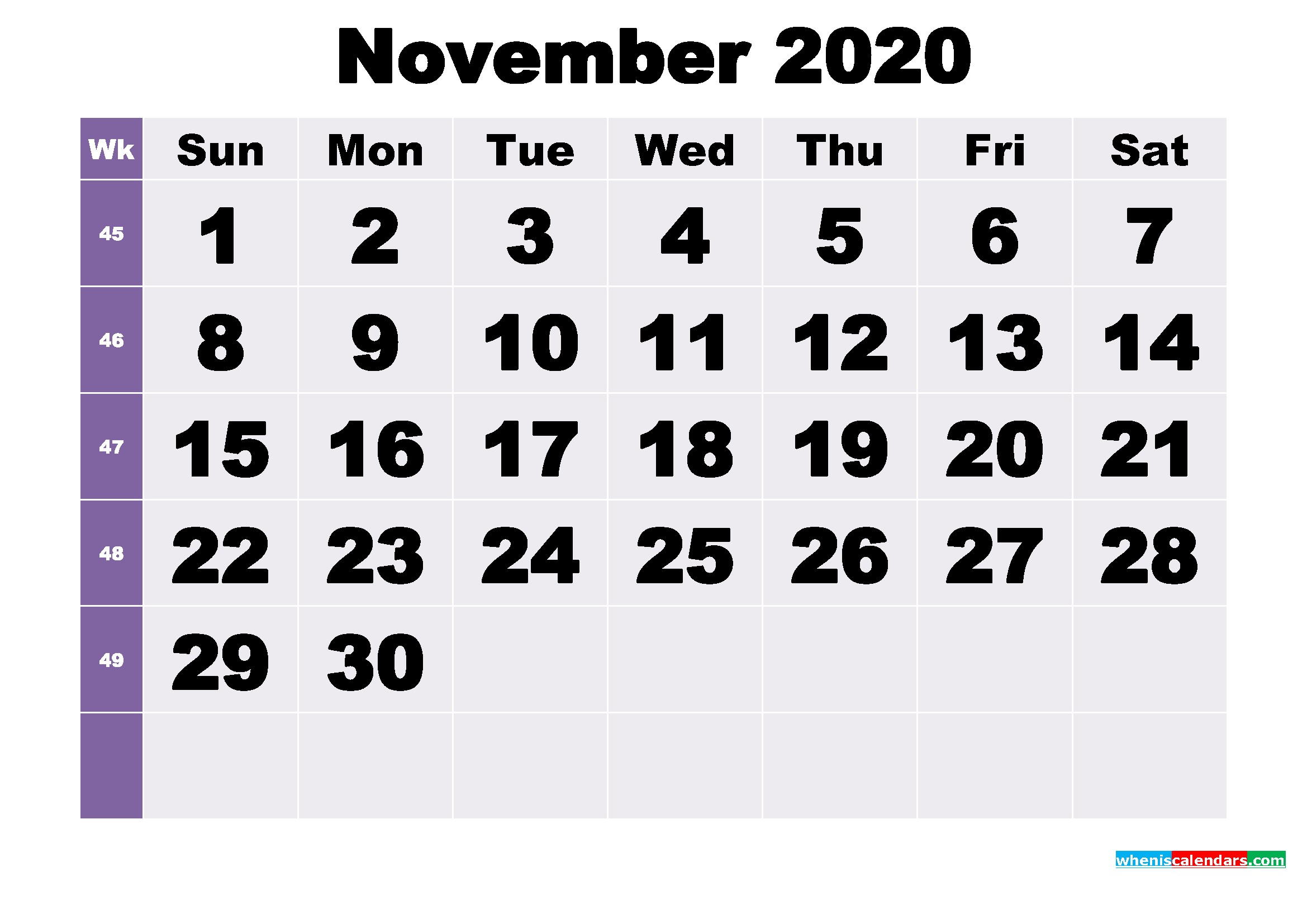Free November 2020 Printable Monthly Calendar Template
