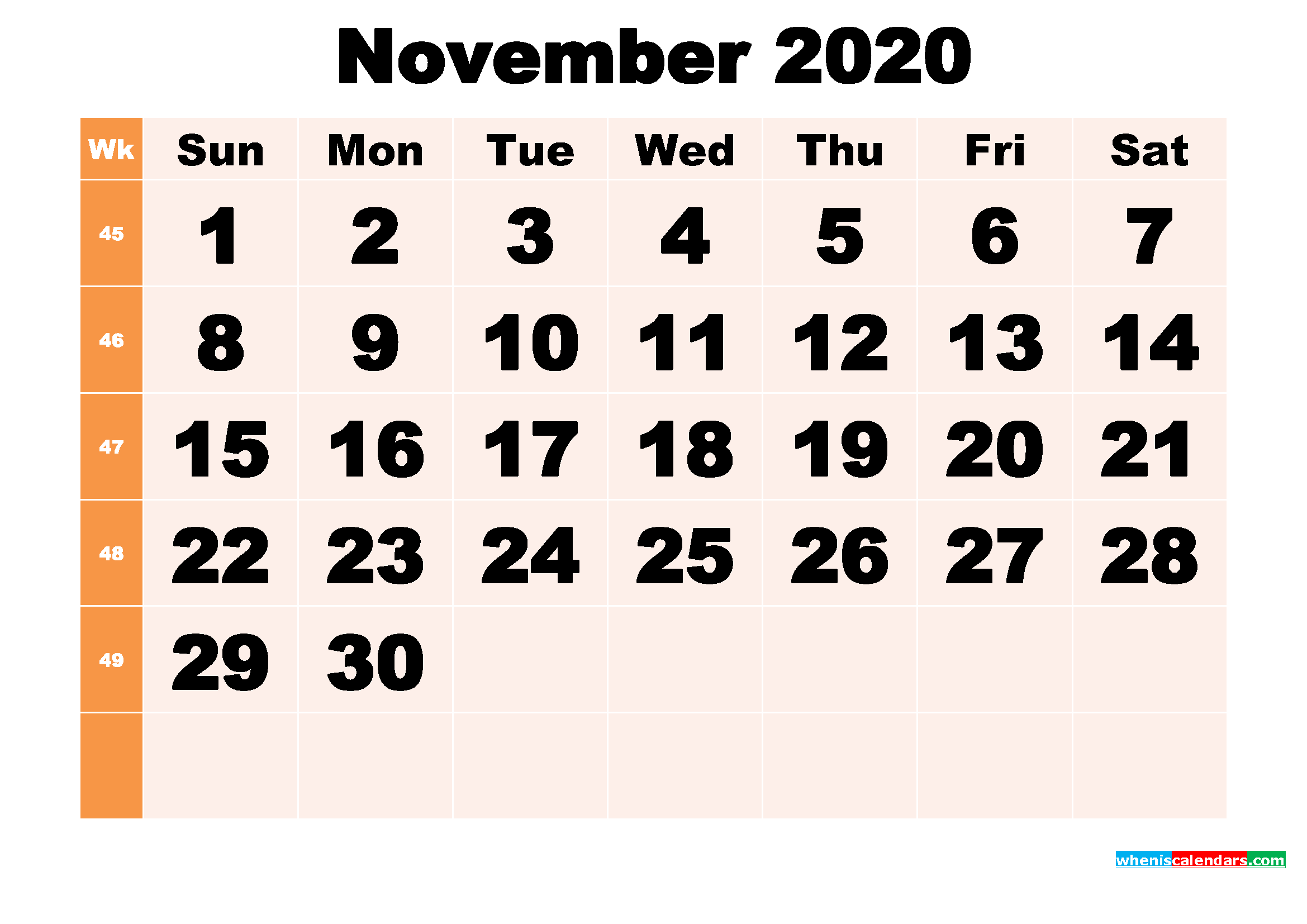 Free Printable November 2020 Calendar Template Word, PDF