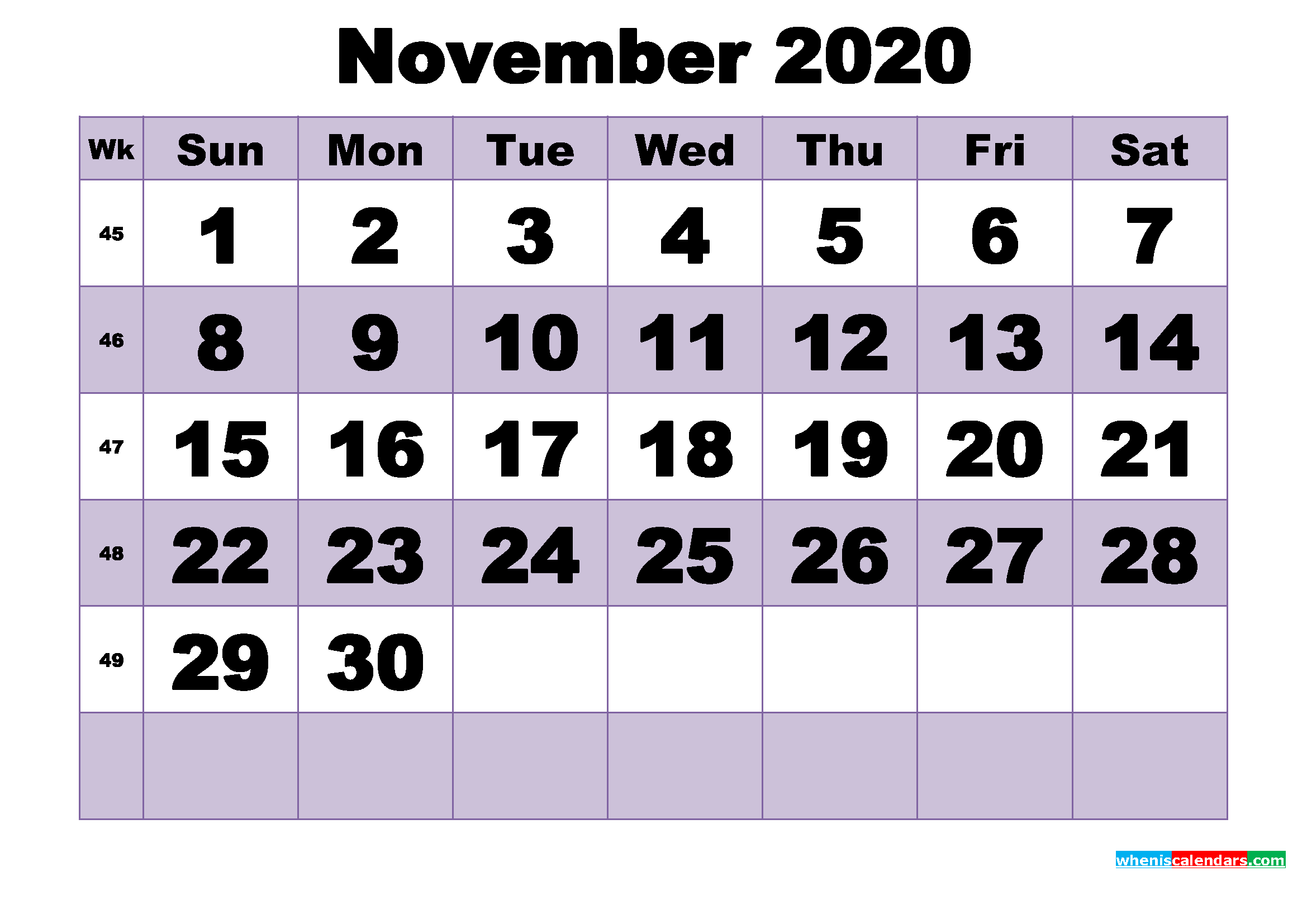 Free November 2020 Printable Monthly Calendar Template