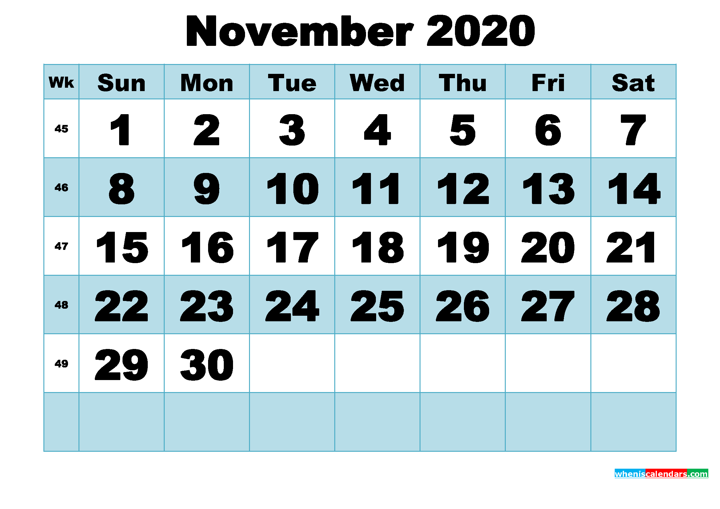 Free Printable November 2020 Calendar Word, PDF, Image
