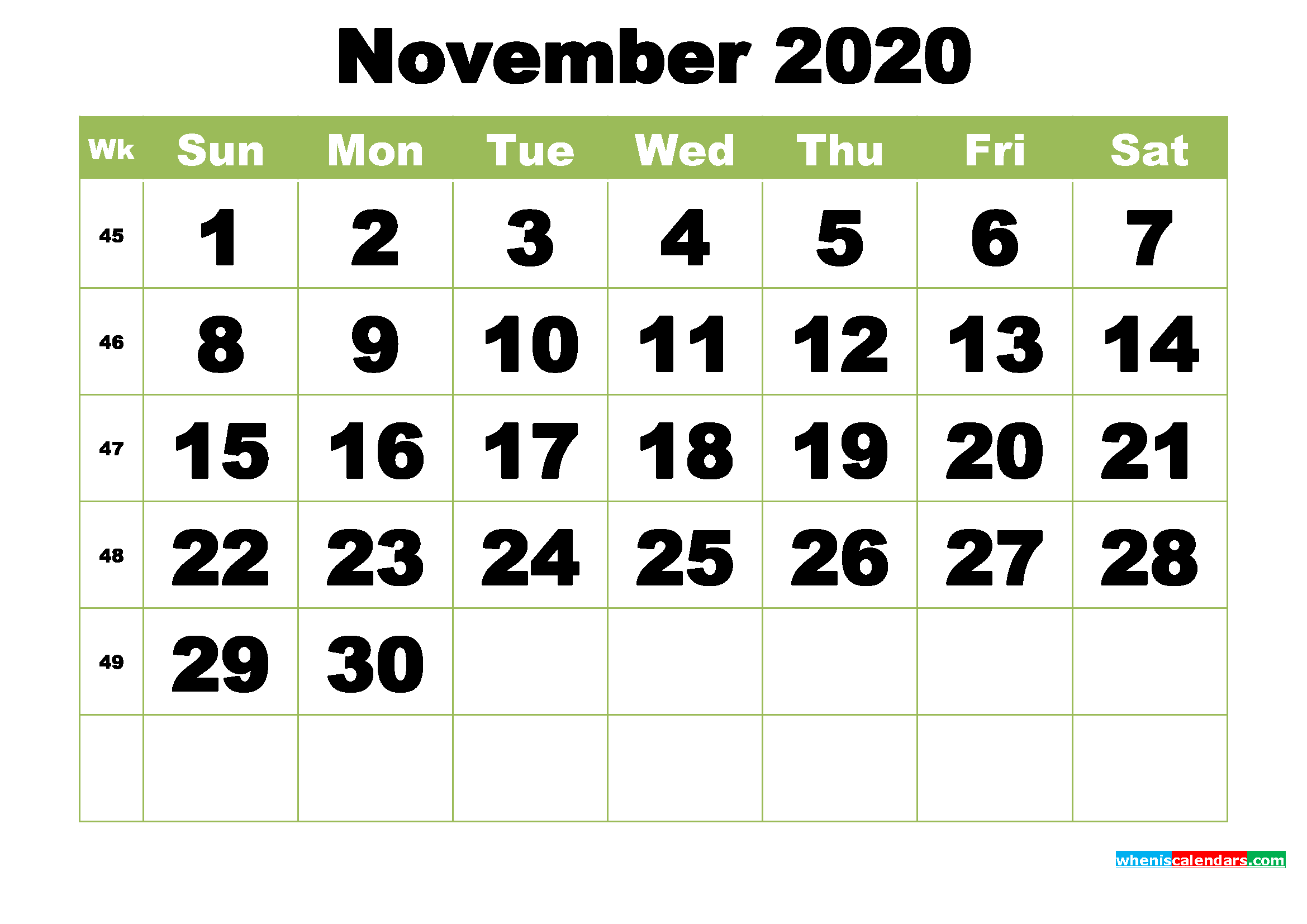 Free Printable Monthly Calendar November 2020