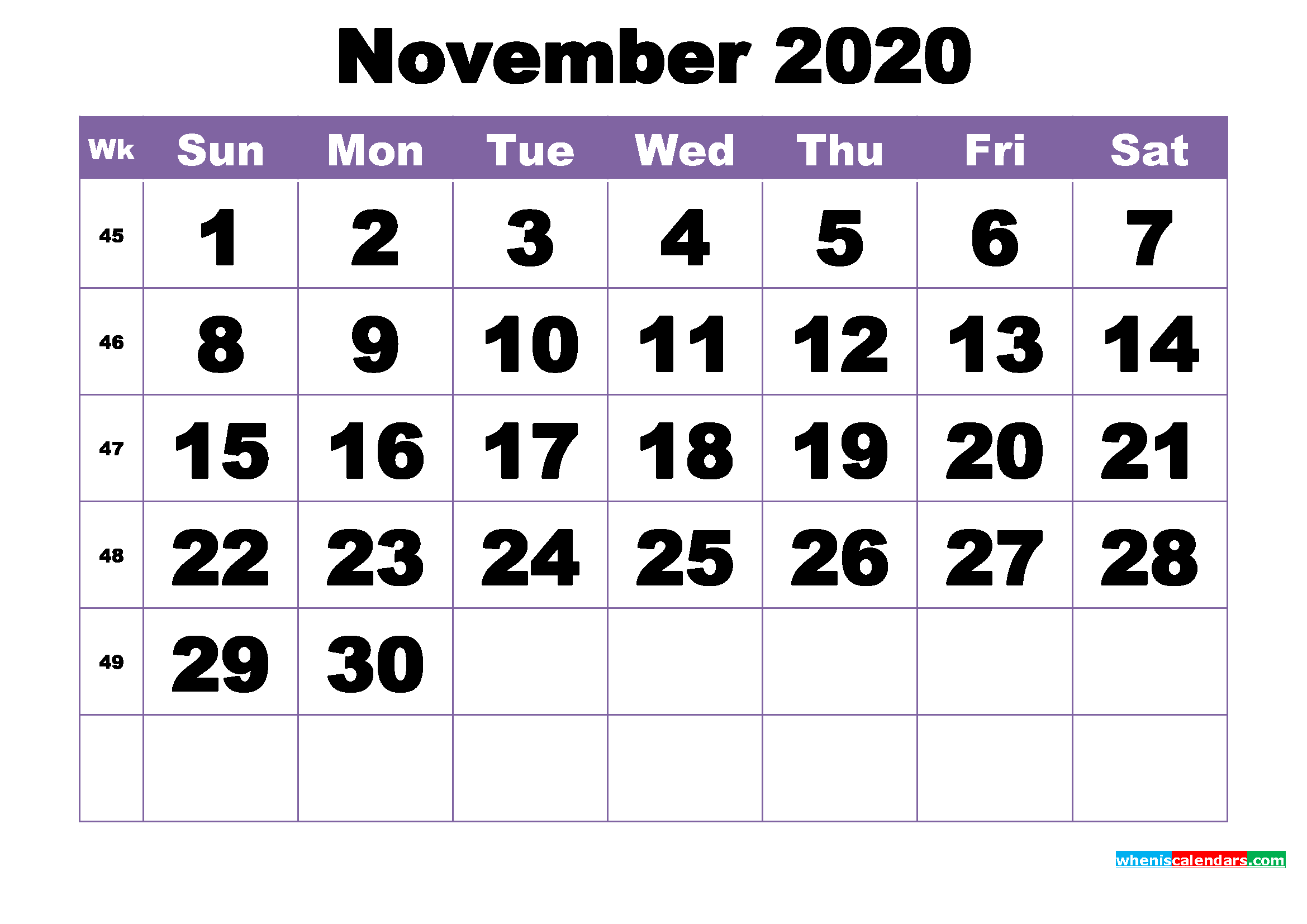 November 2020 Printable Calendar Template