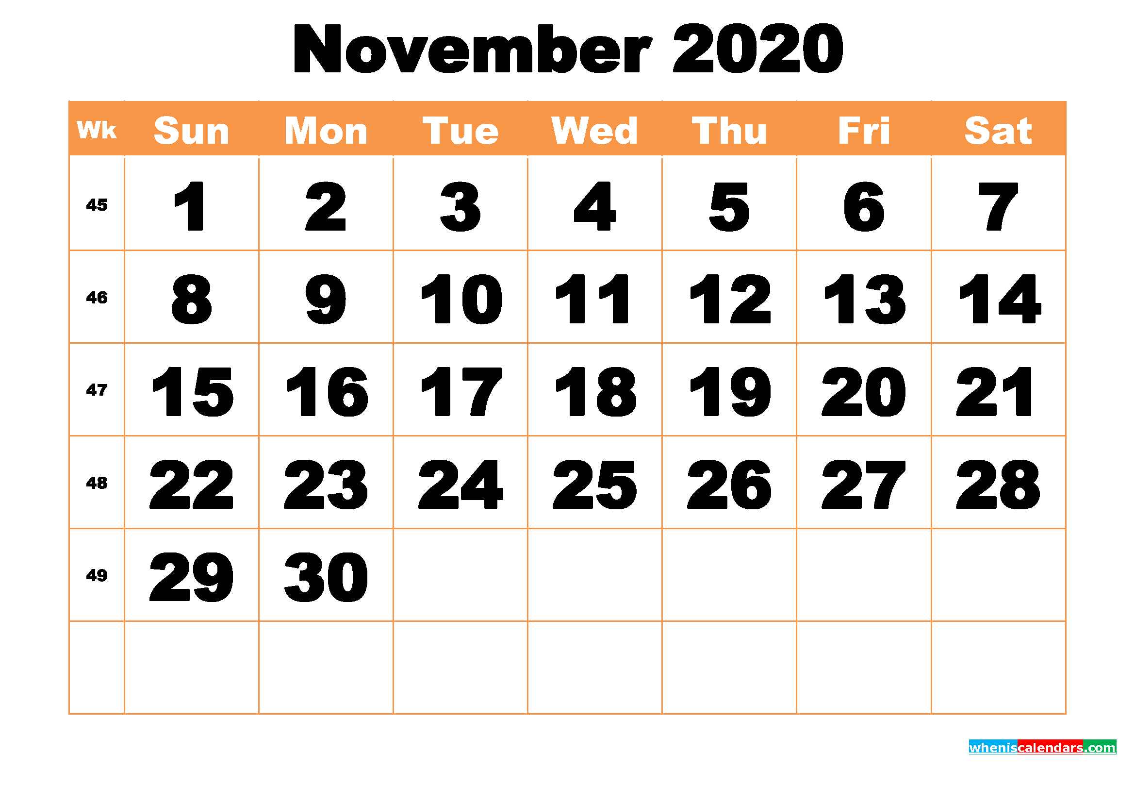 Free Printable November 2020 Calendar Word, PDF, Image