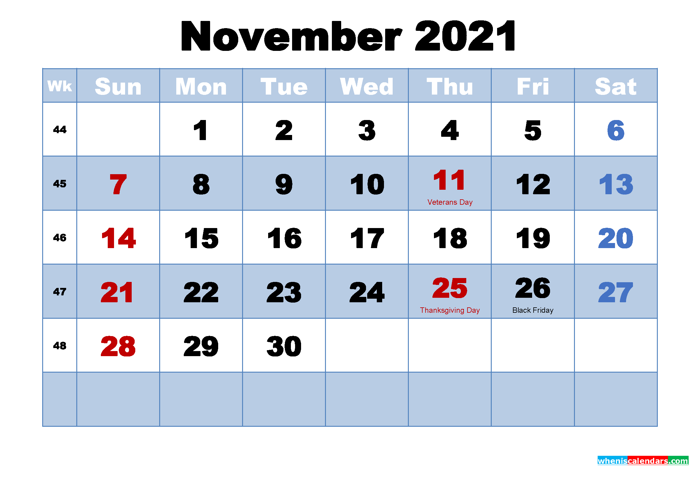 Free Printable 2021 Calendar November as Word, PDF