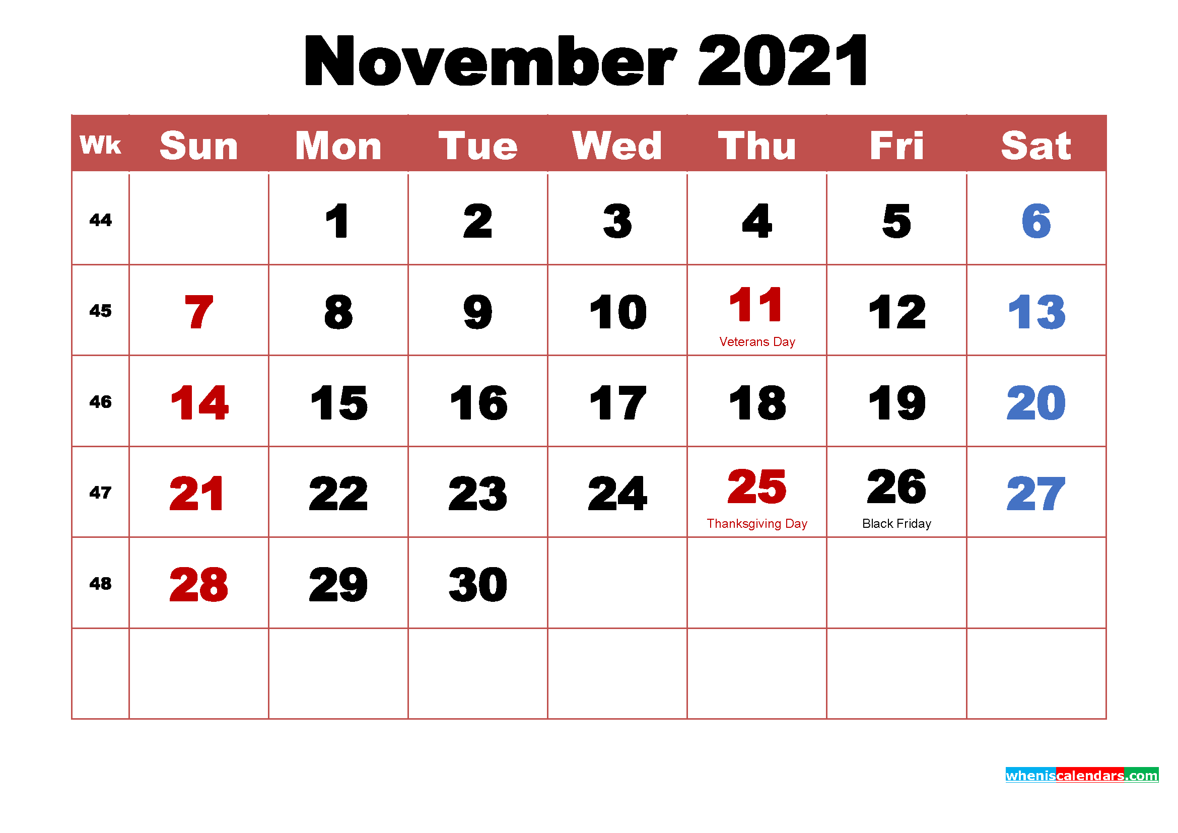 Printable November 2021 Calendar with Holidays Word, PDF