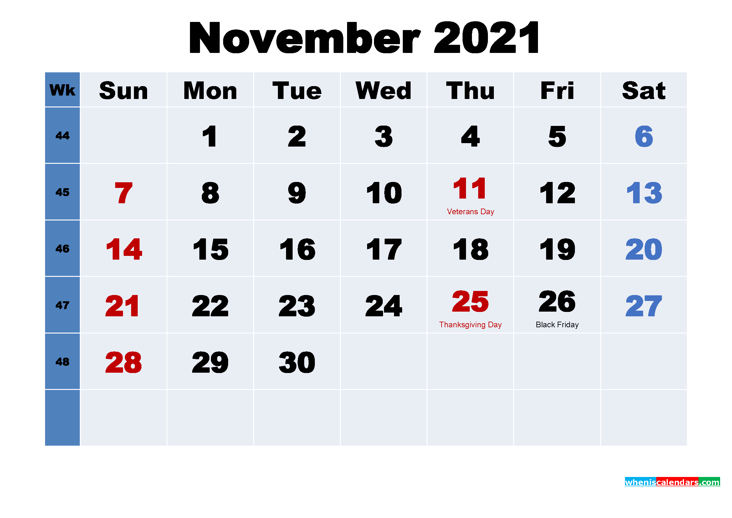 Free 2021 Printable Calendar November as Word, PDF