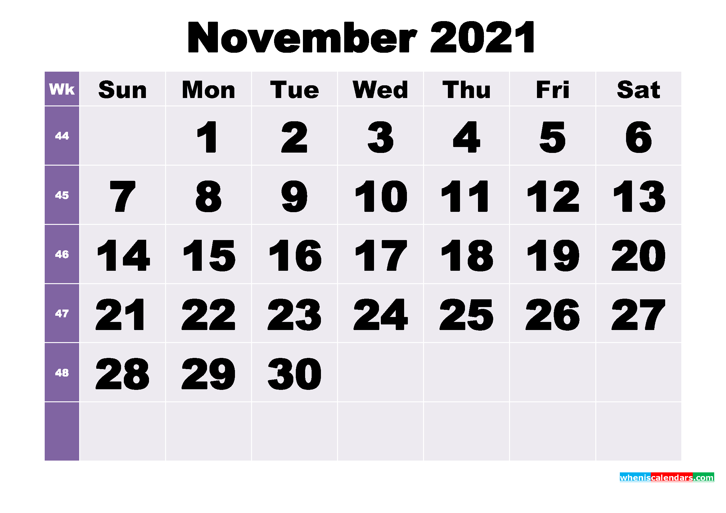 Free November 2021 Printable Monthly Calendar Template
