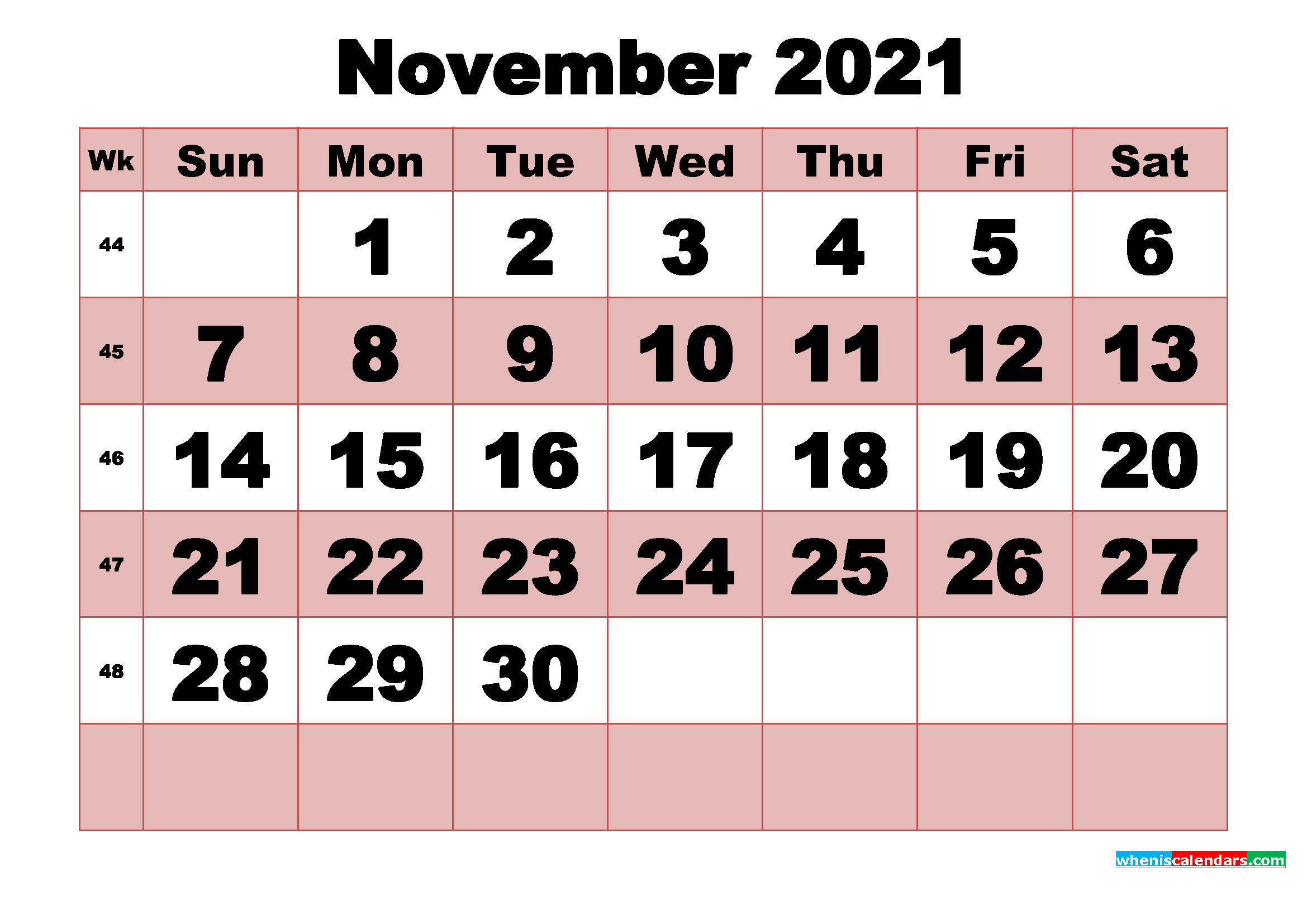 Free Printable Monthly Calendar November 2021