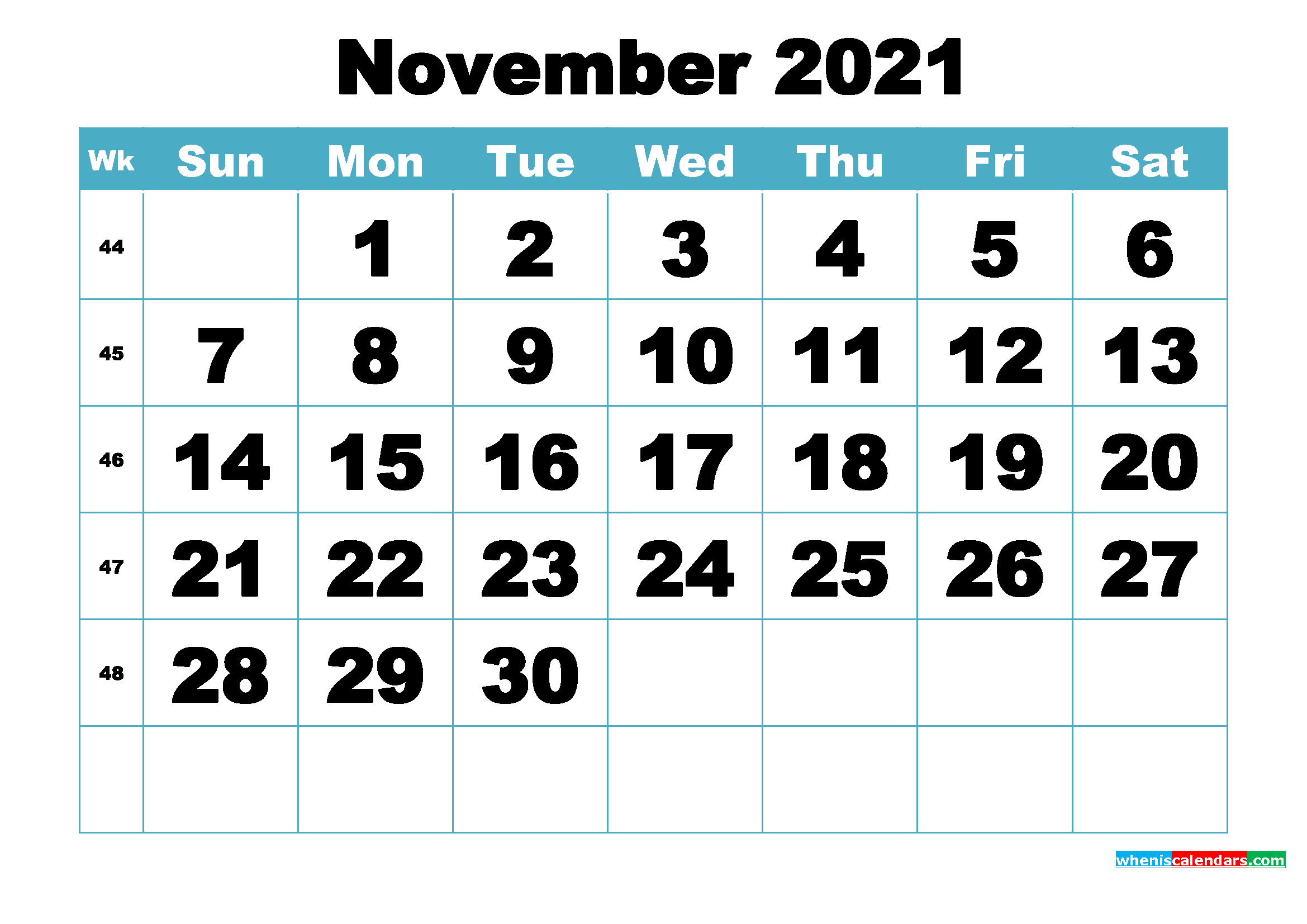 Free November 2021 Printable Monthly Calendar Template