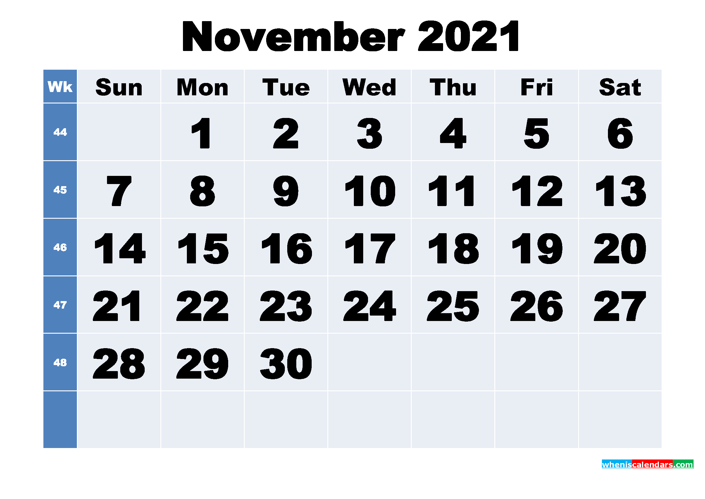 Free Printable November 2021 Calendar with Week Numbers