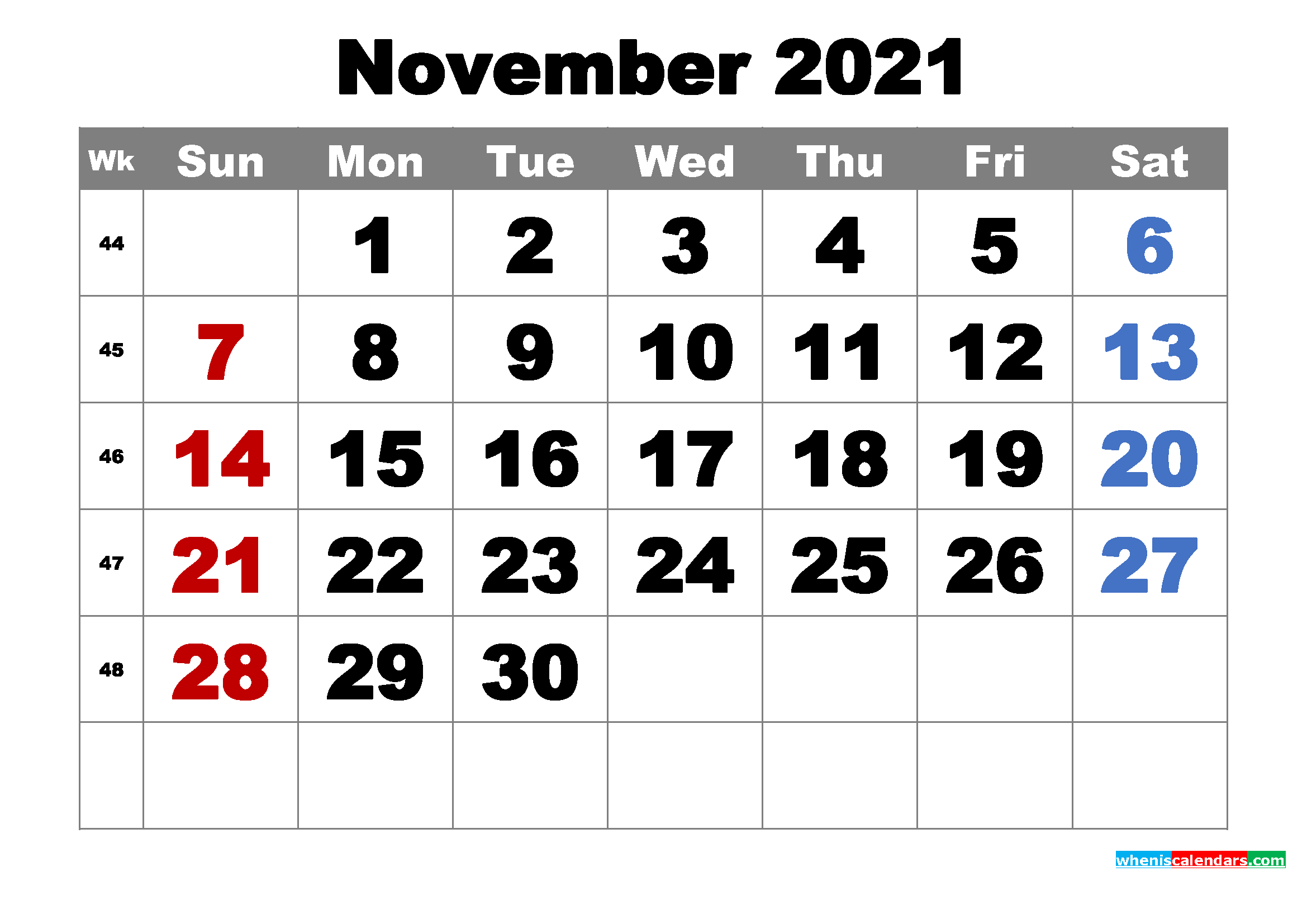 Free Printable November 2021 Calendar Word, PDF, Image