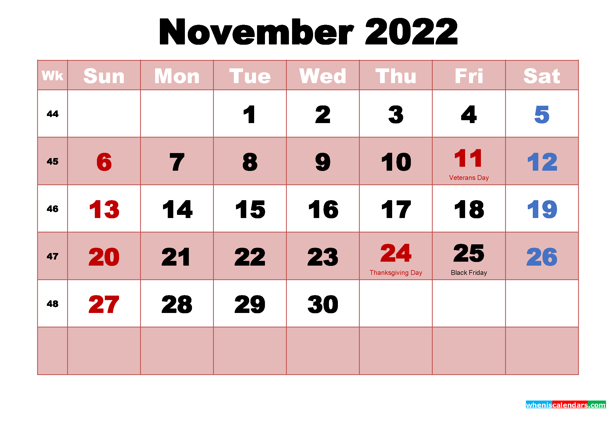 Printable November 2022 Calendar Word