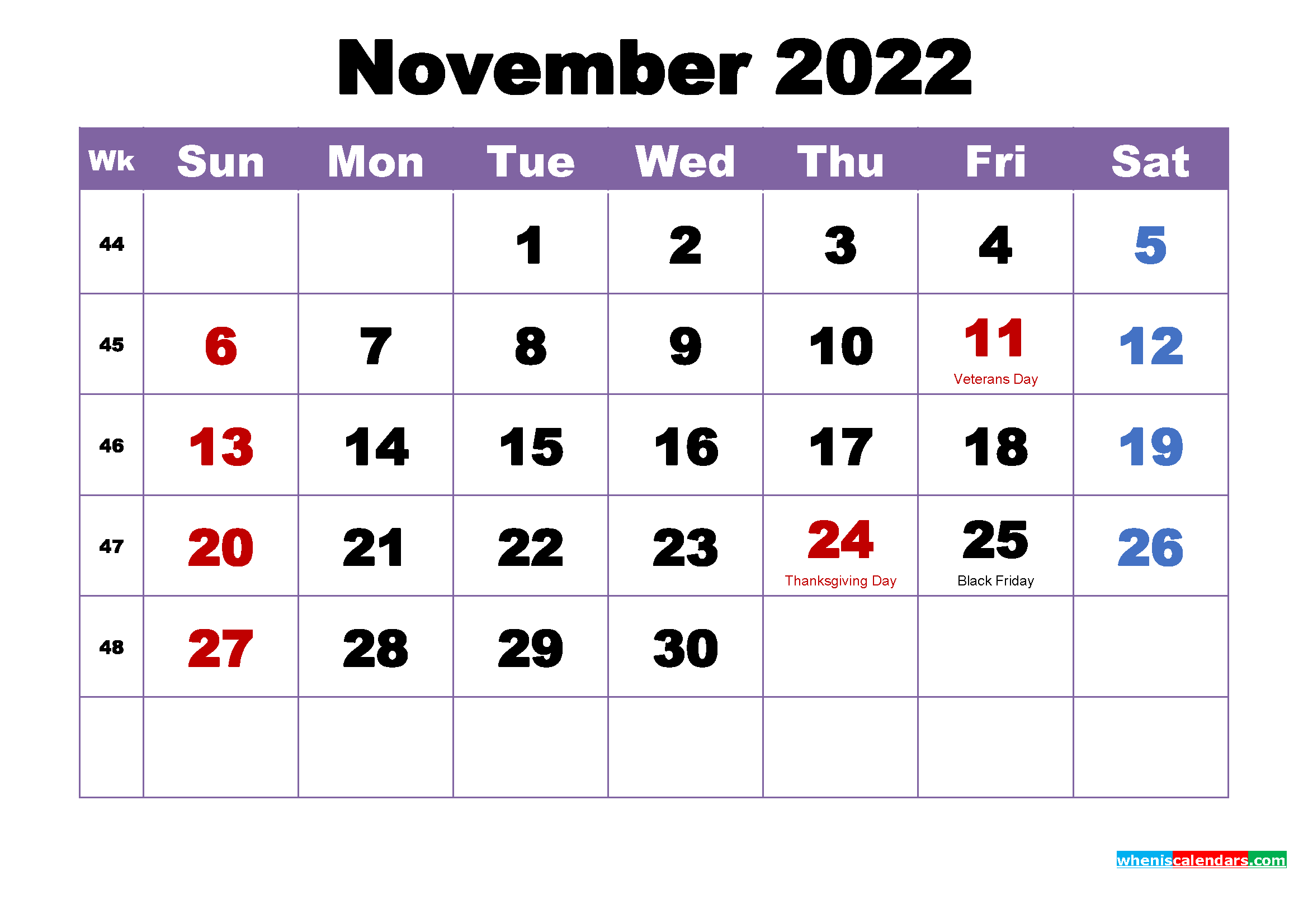 November 2022 Printable Calendar With Holidays Word Pdf