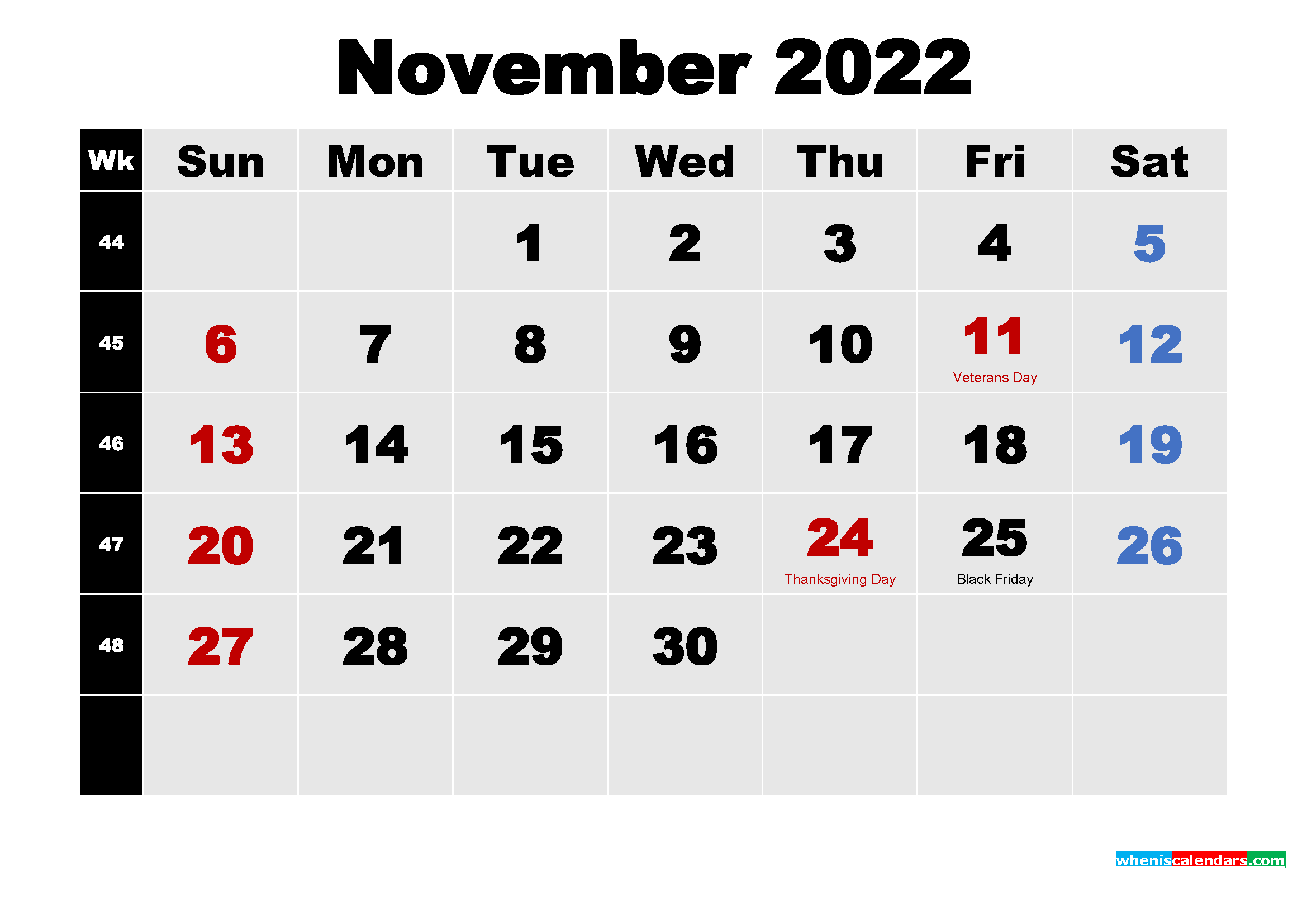 Printable 2022 Calendar With Holidays November
