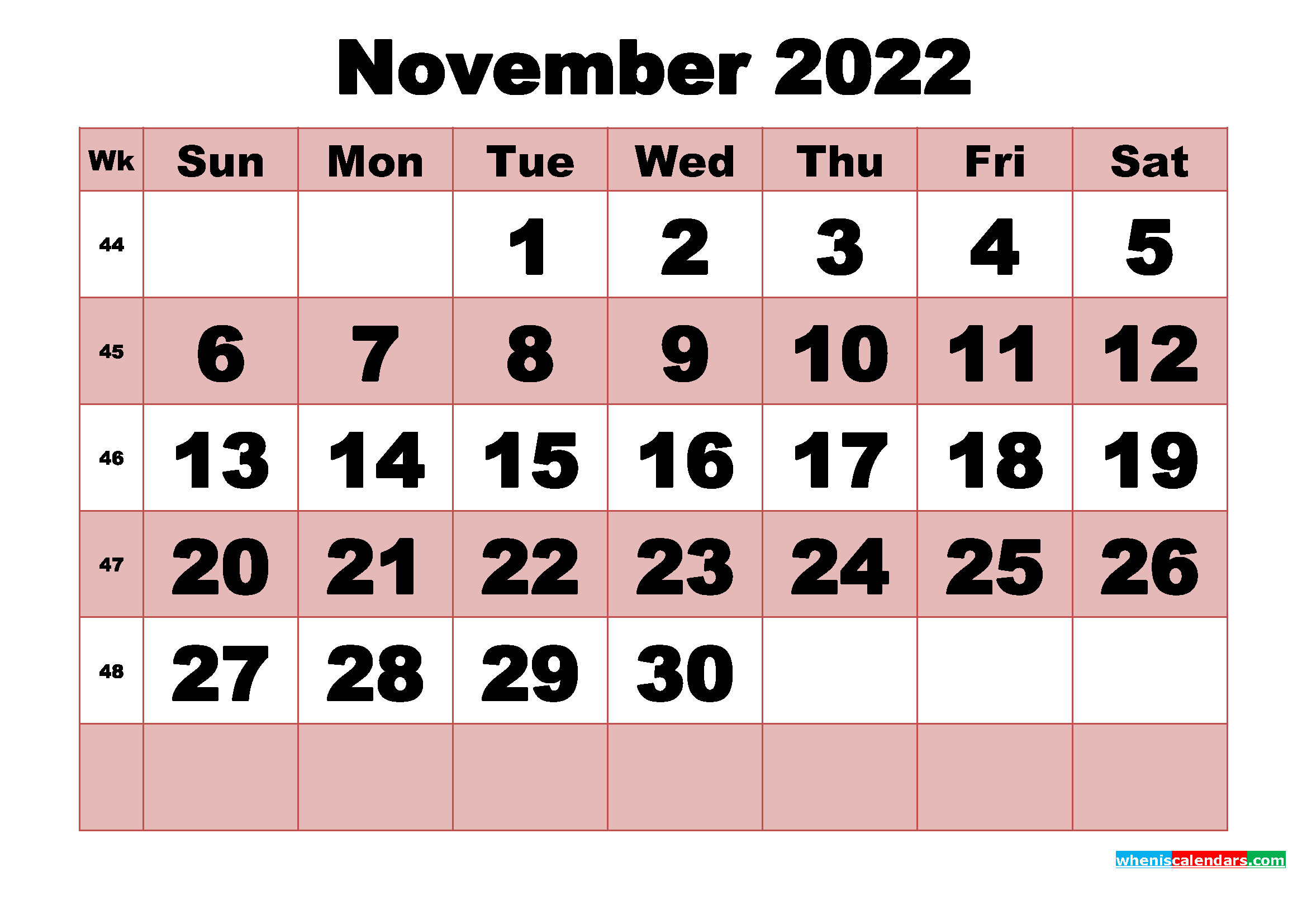 Free Printable Monthly Calendar November 2022