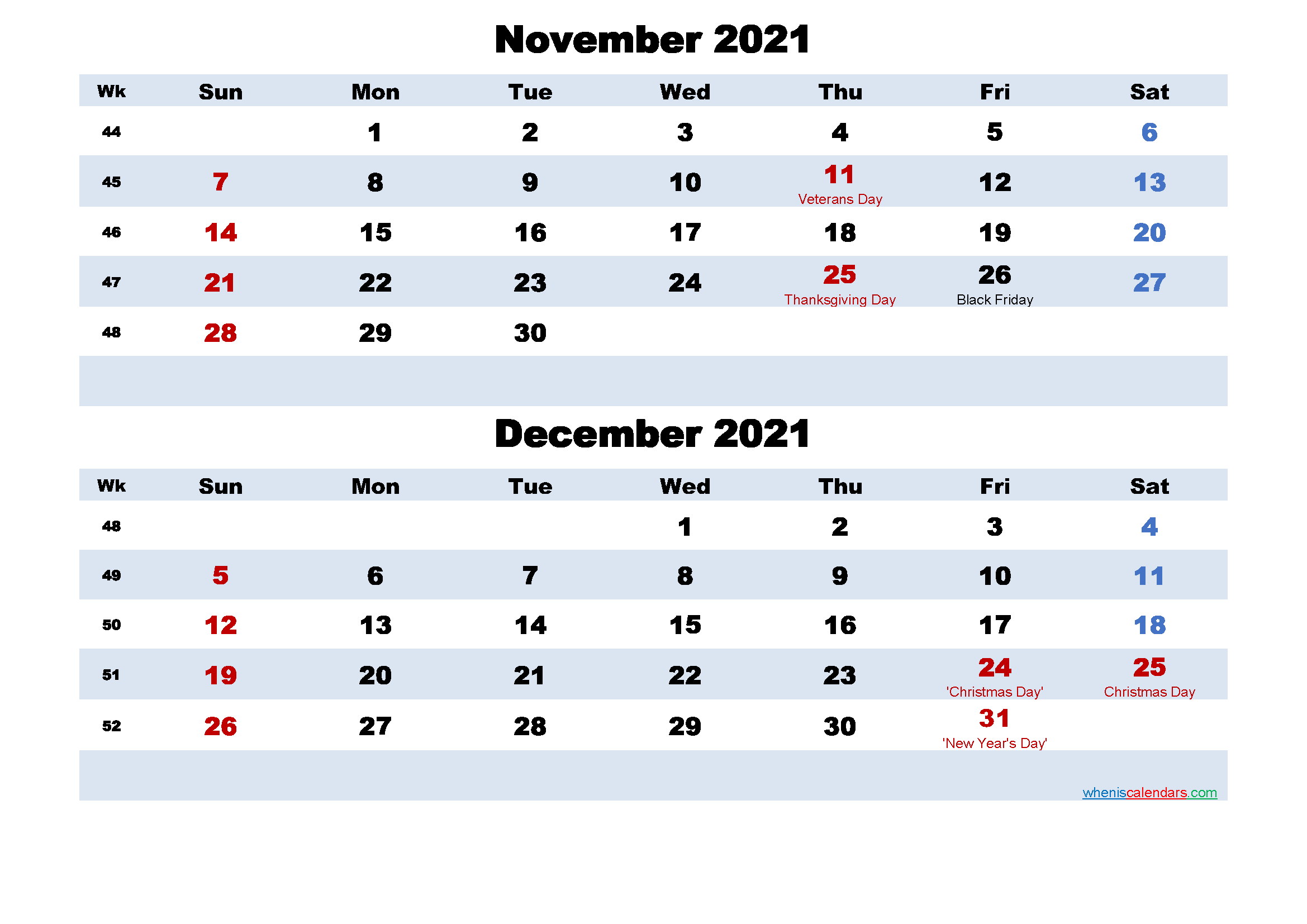 November and December Calendar 2021 Printable Word, PDF