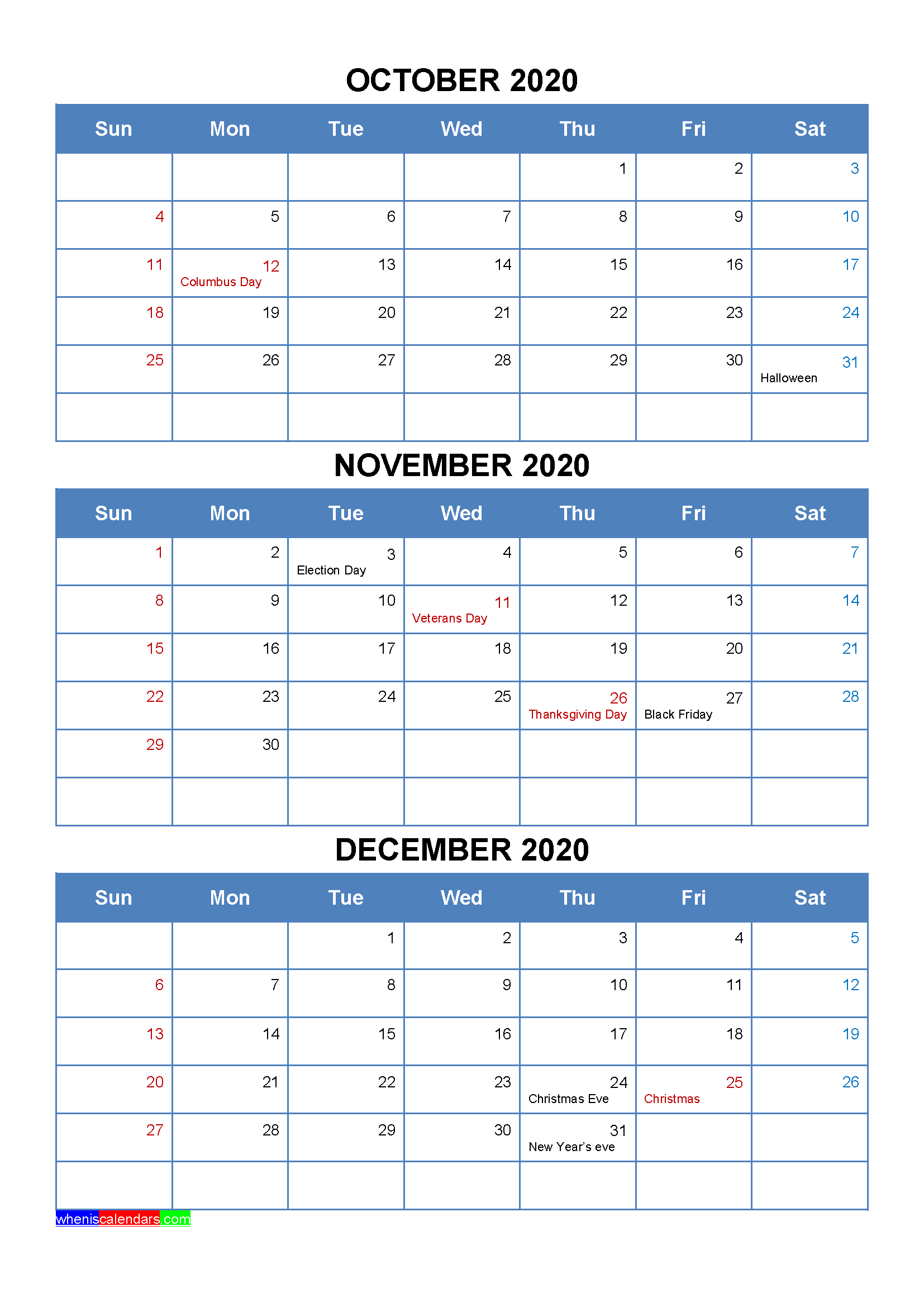 October November December 2020 Calendar with Holidays