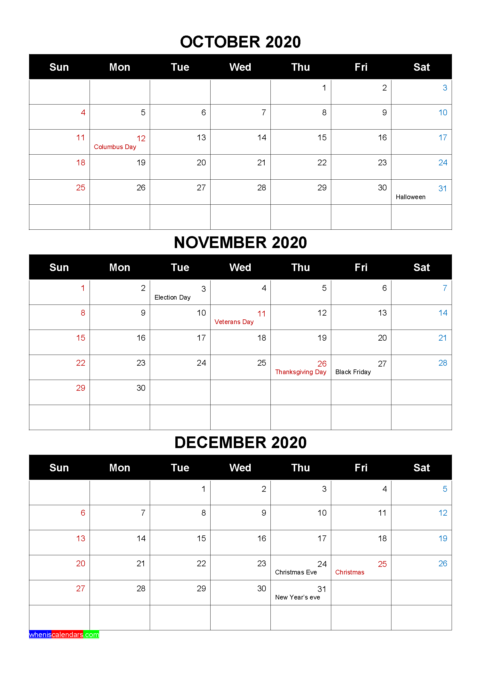Free Calendar October November December 2020 with Holidays