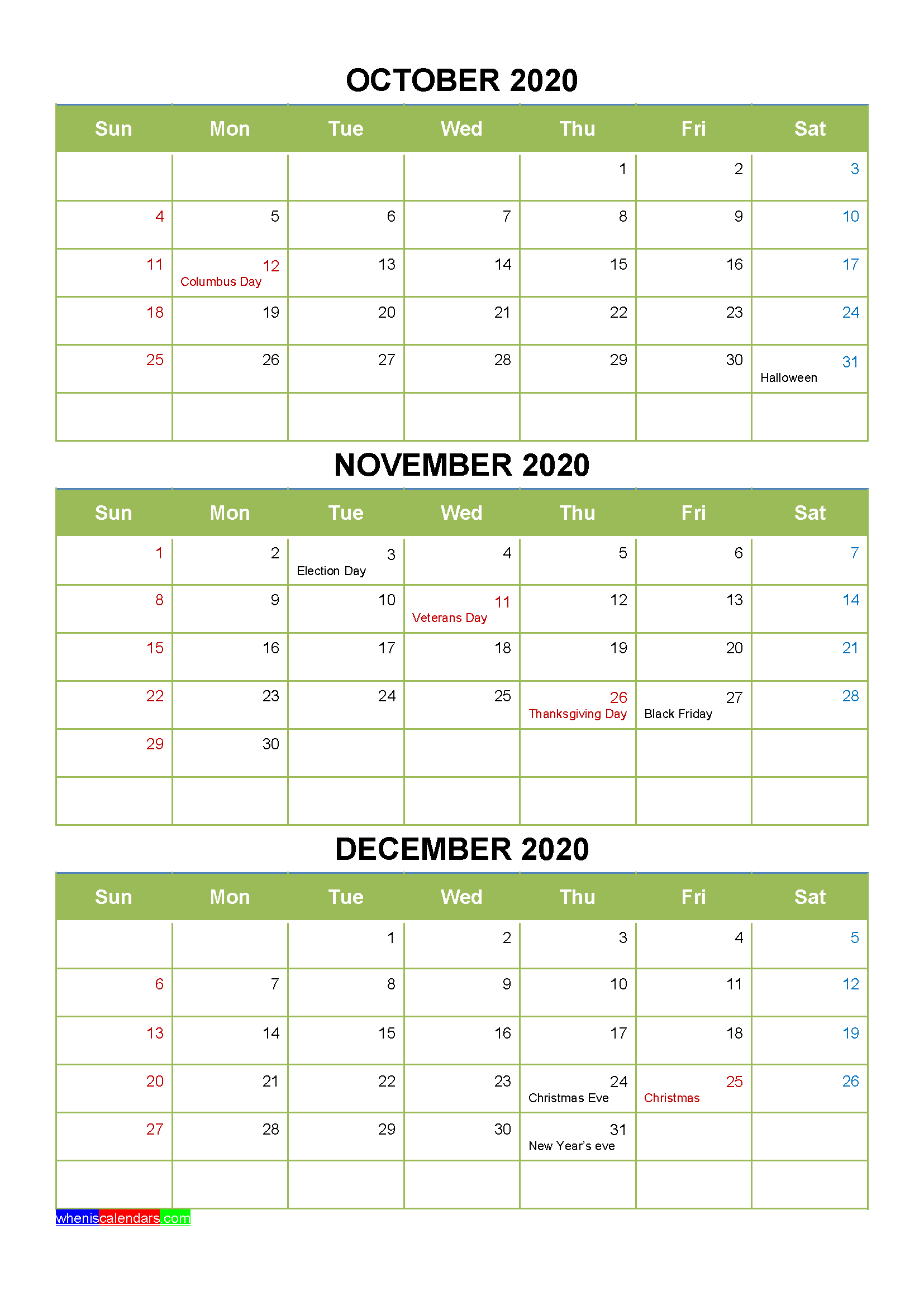 Free Printable October November December 2020 Calendar 3 Months 1 Page