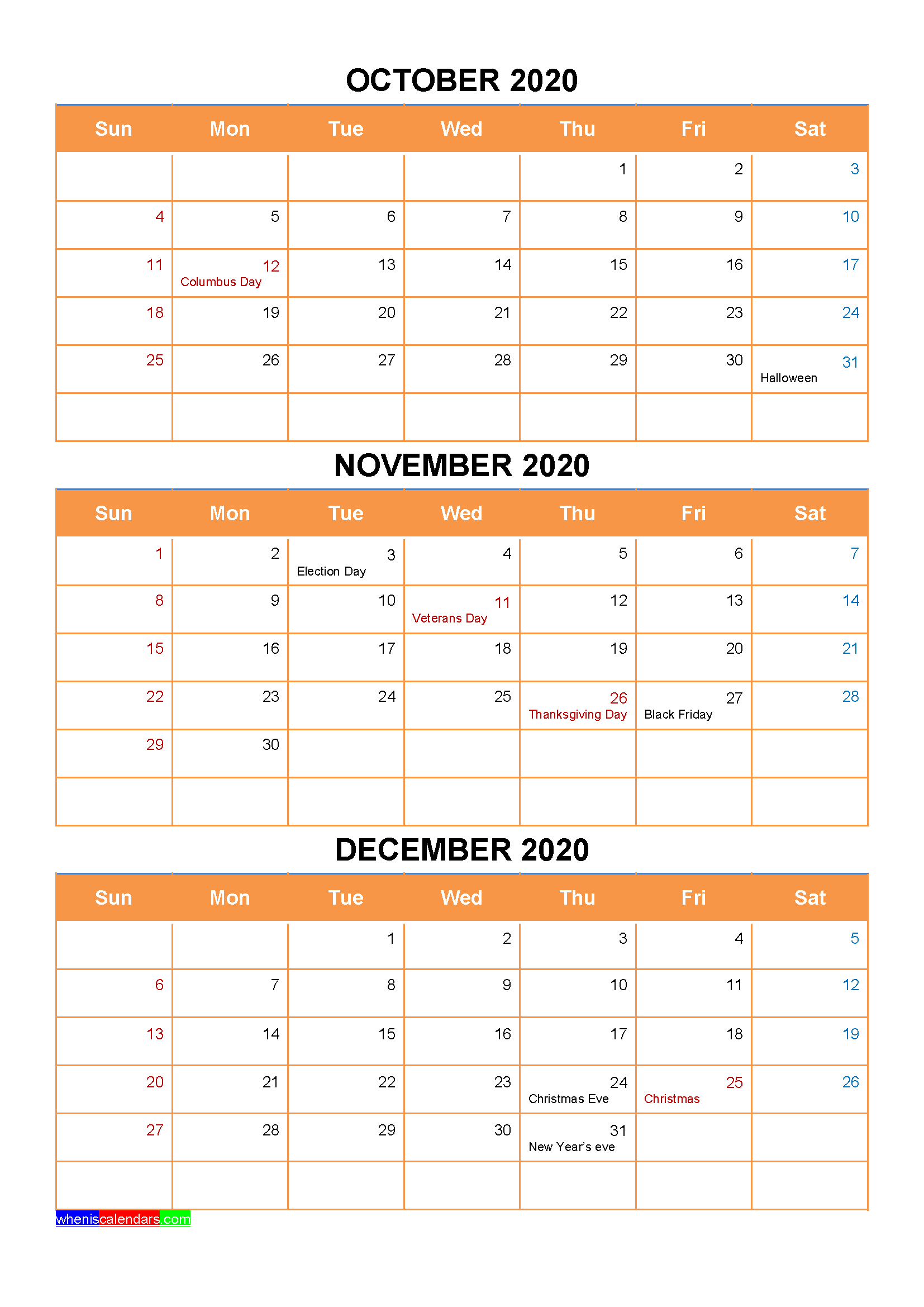 October November December 2020 Calendar with Holidays Word, PDF