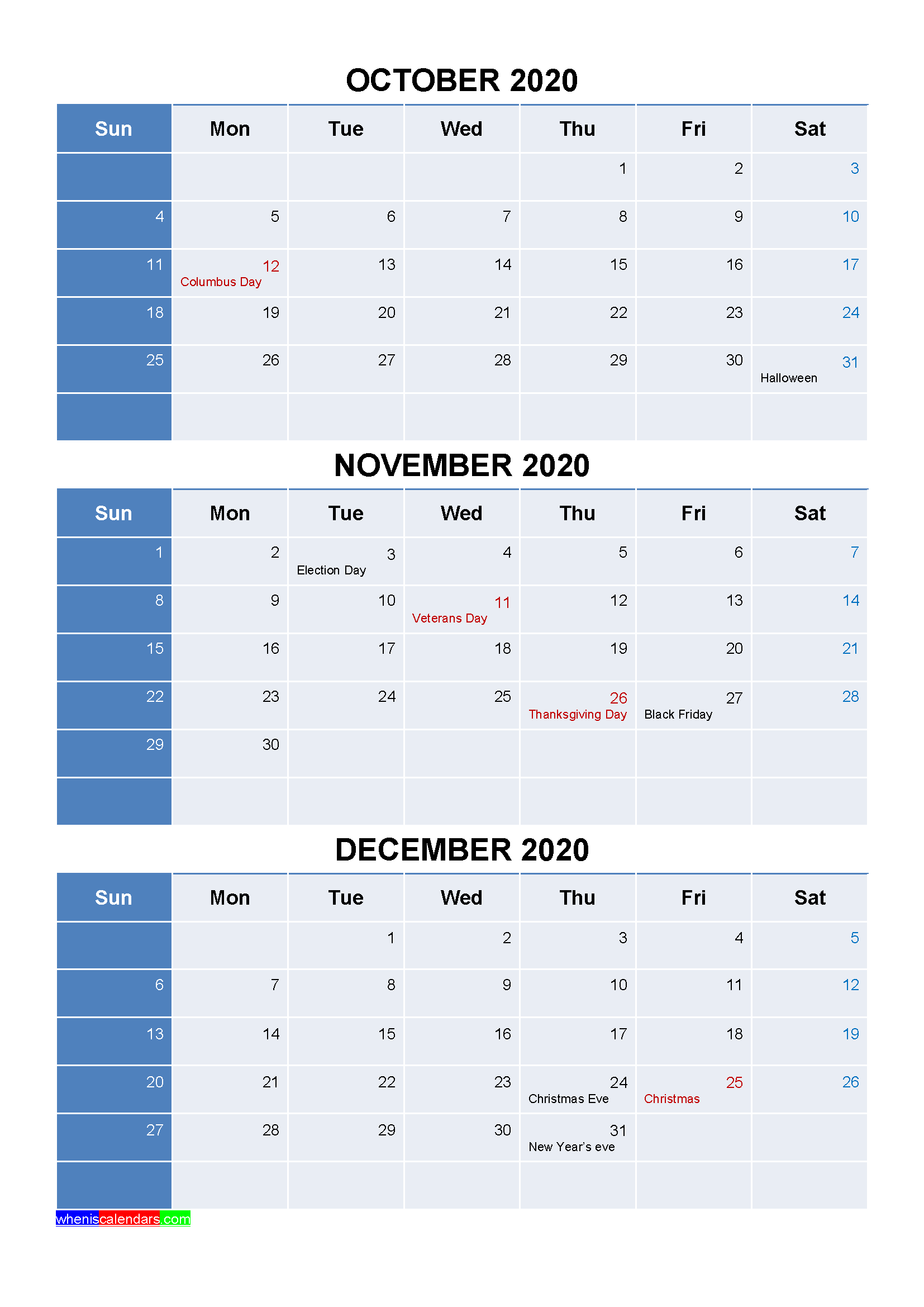 Free October November December 2020 Calendar with Holidays