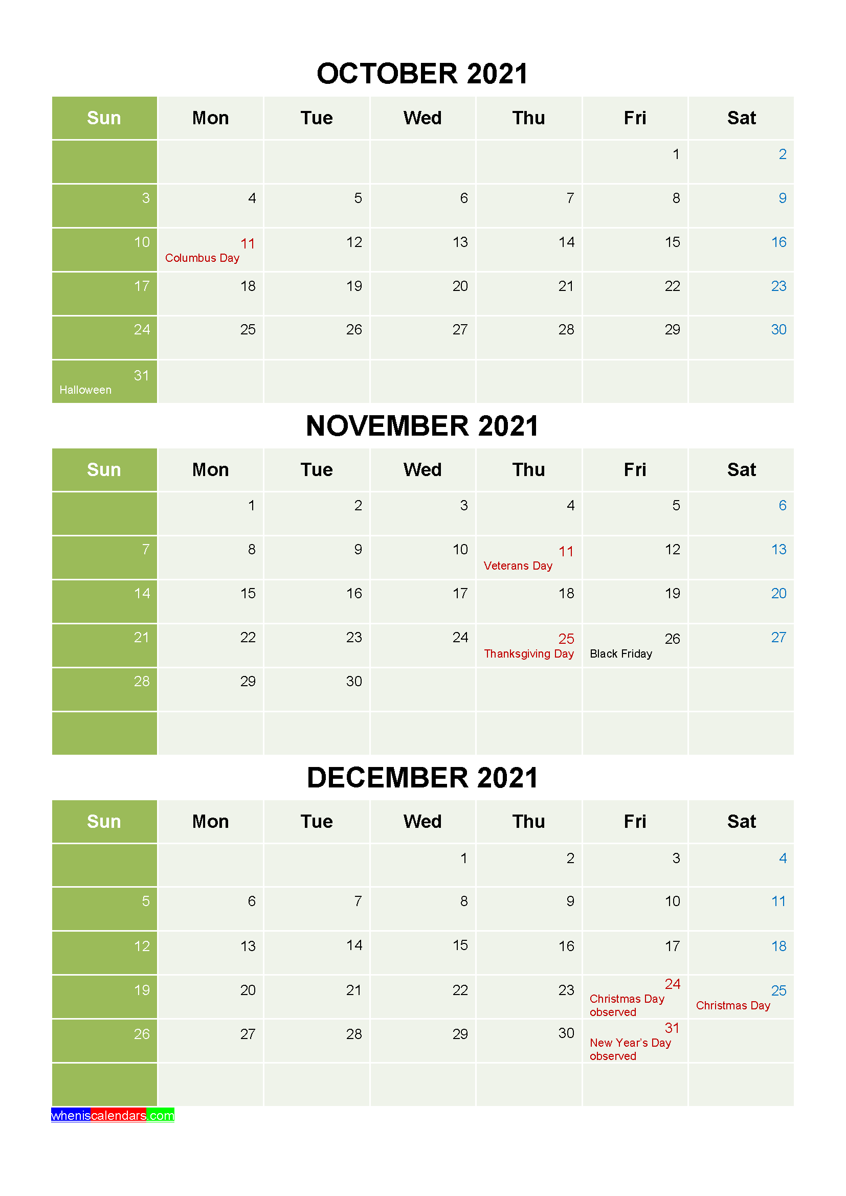 Free Calendar October November December 2021 with Holidays