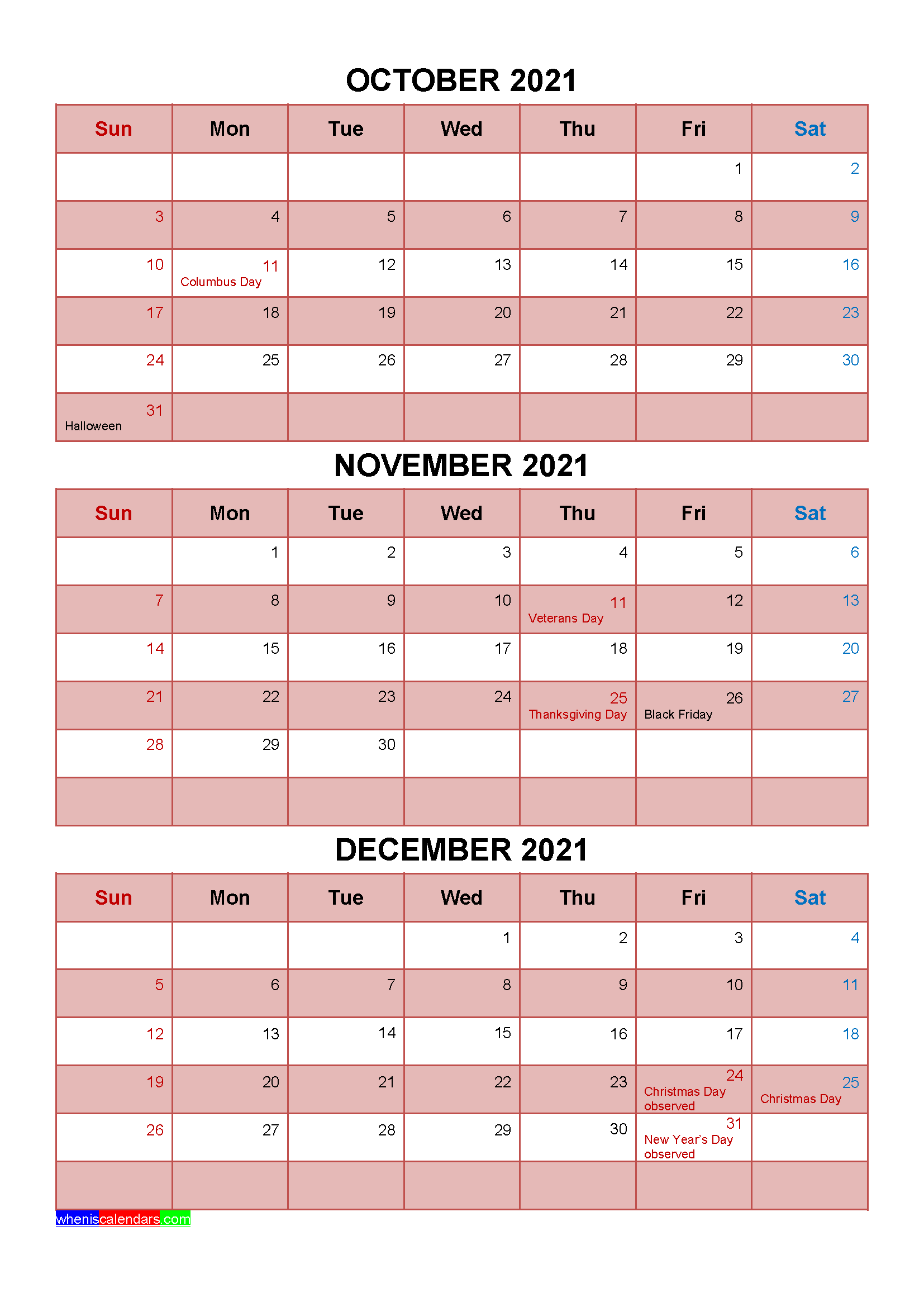 Printable October November December 2021 Calendar Word, PDF