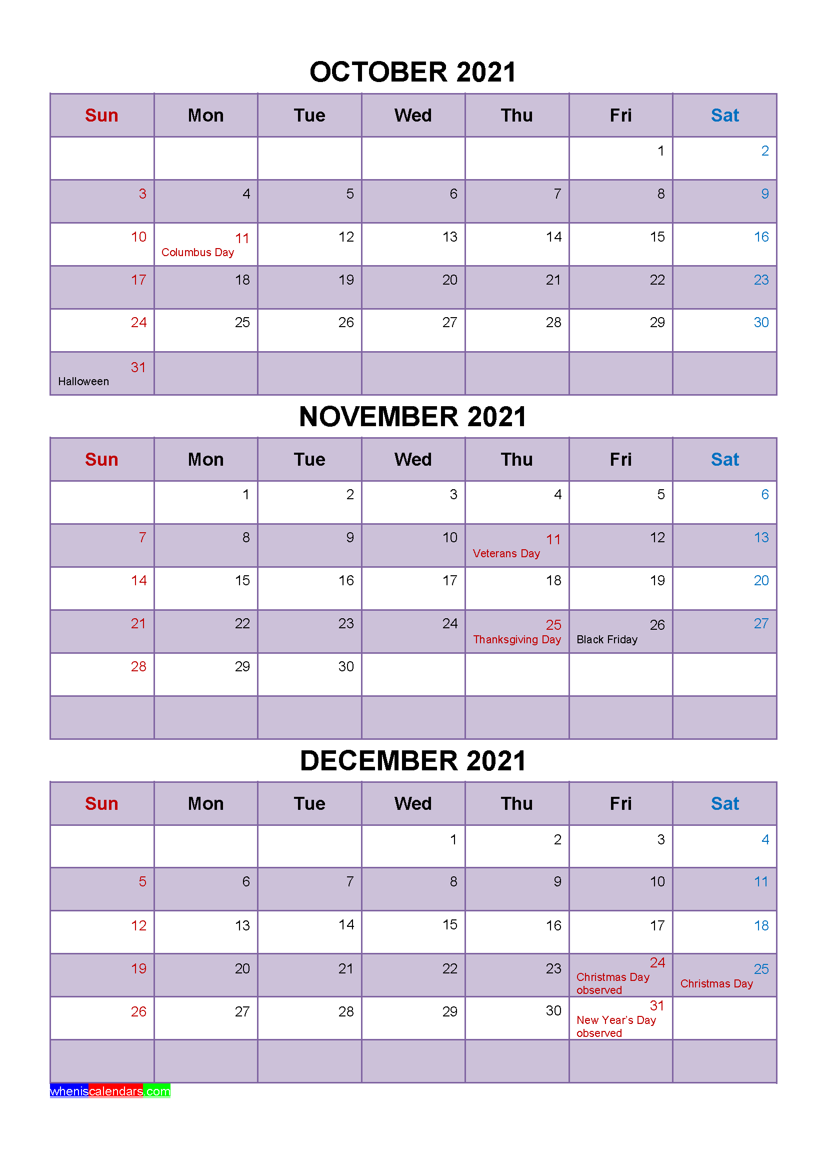 Free Printable October November December 2021 Calendar with Holidays as Word, PDF