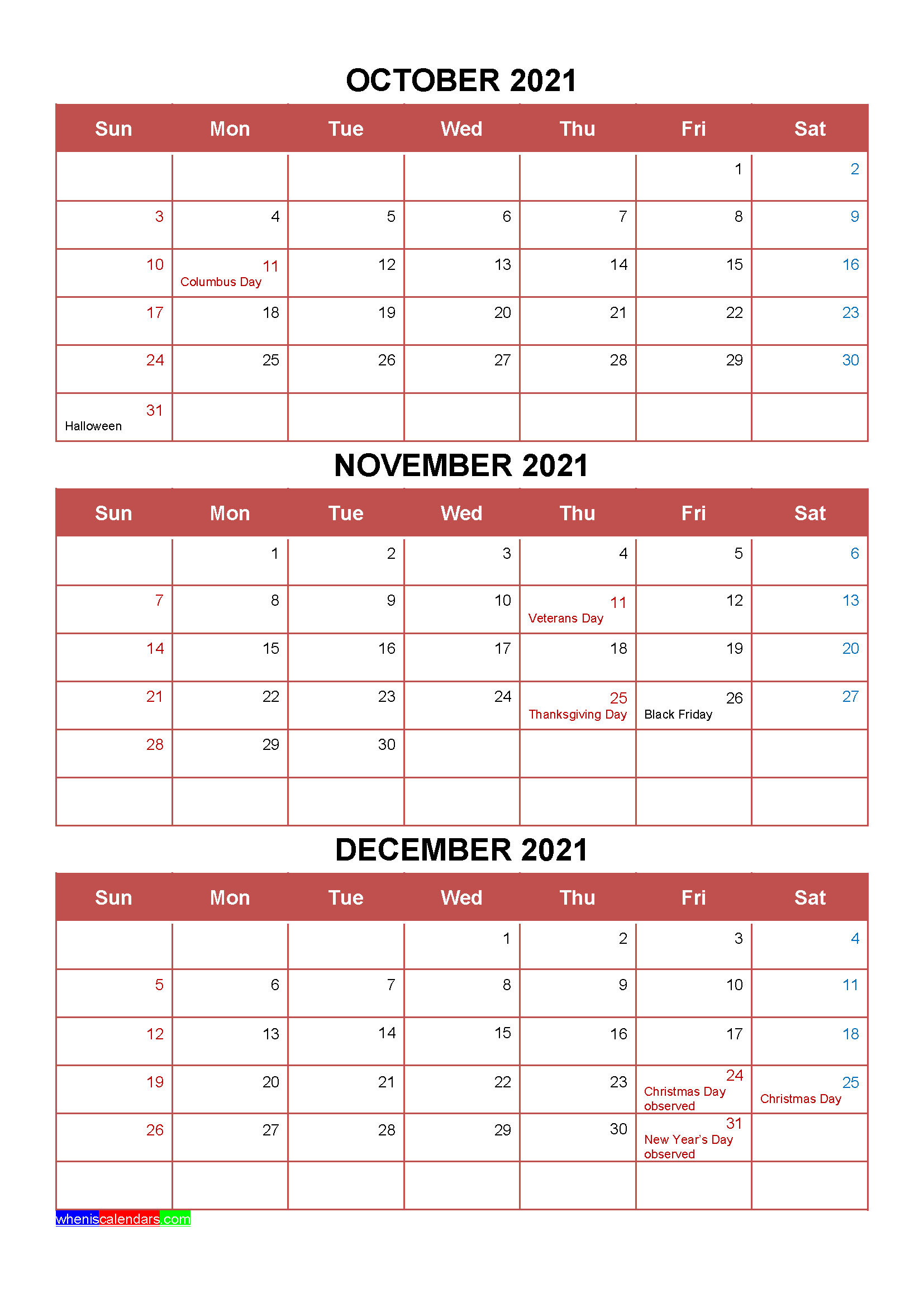 Printable October November December 2021 Calendar Template Word, PDF