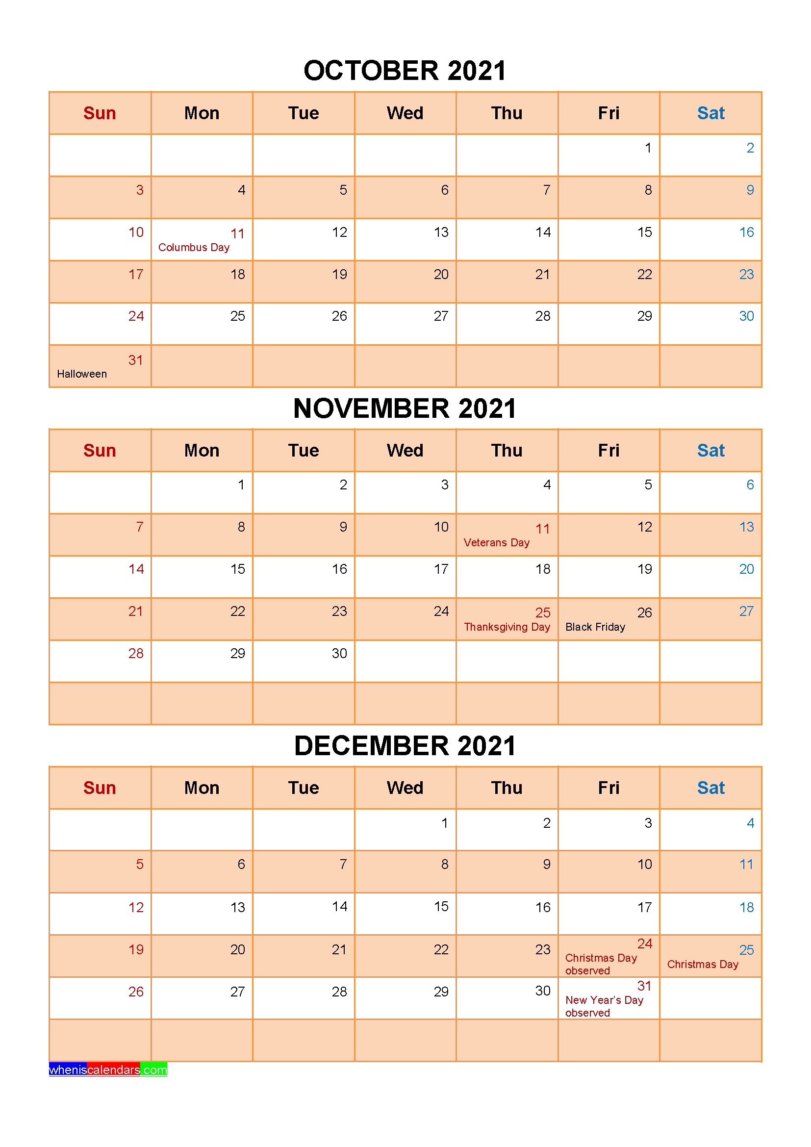 Printable October November December 2021 Calendar with Holidays