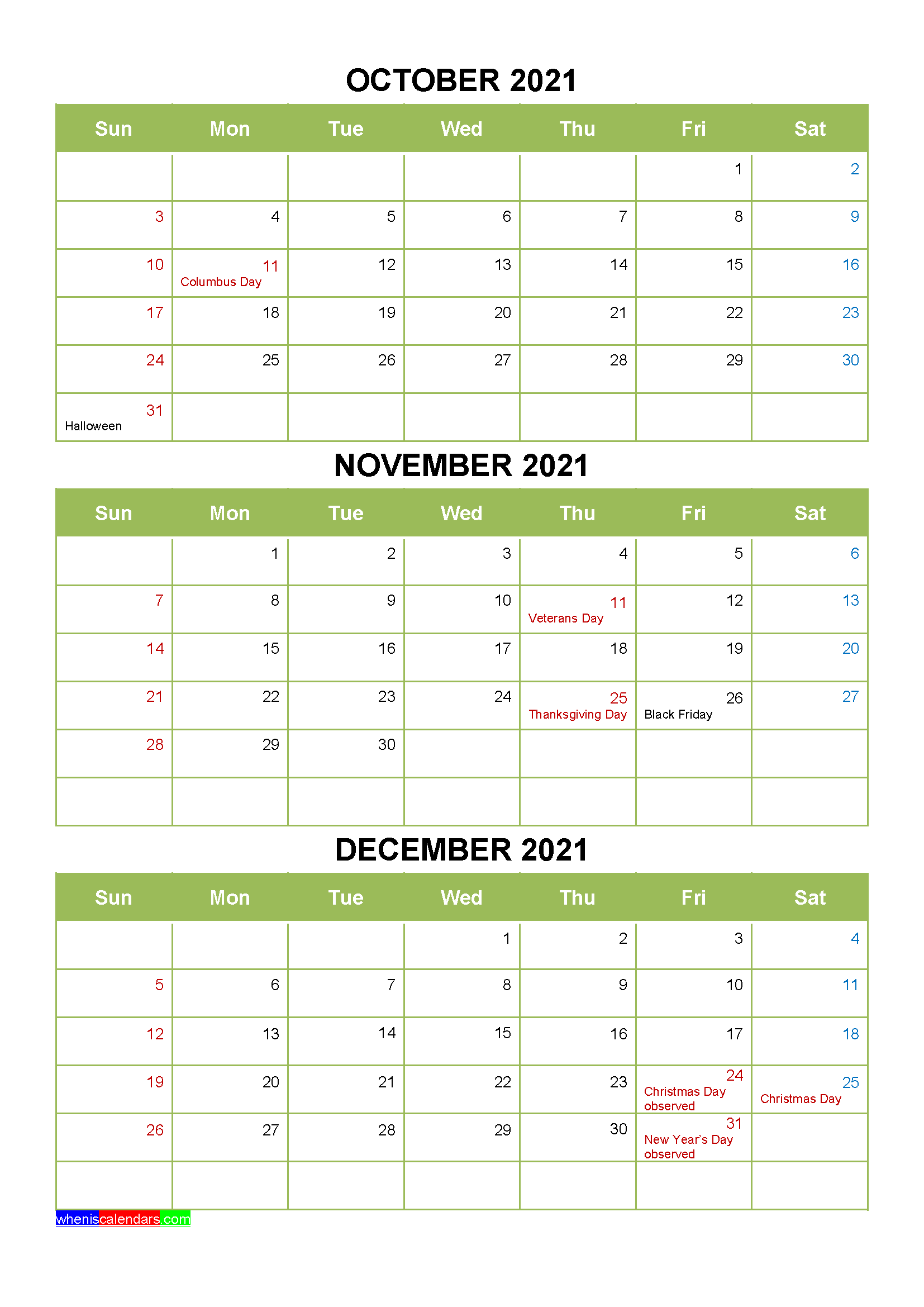Free Printable October November December 2021 Calendar 3 Months 1 Page