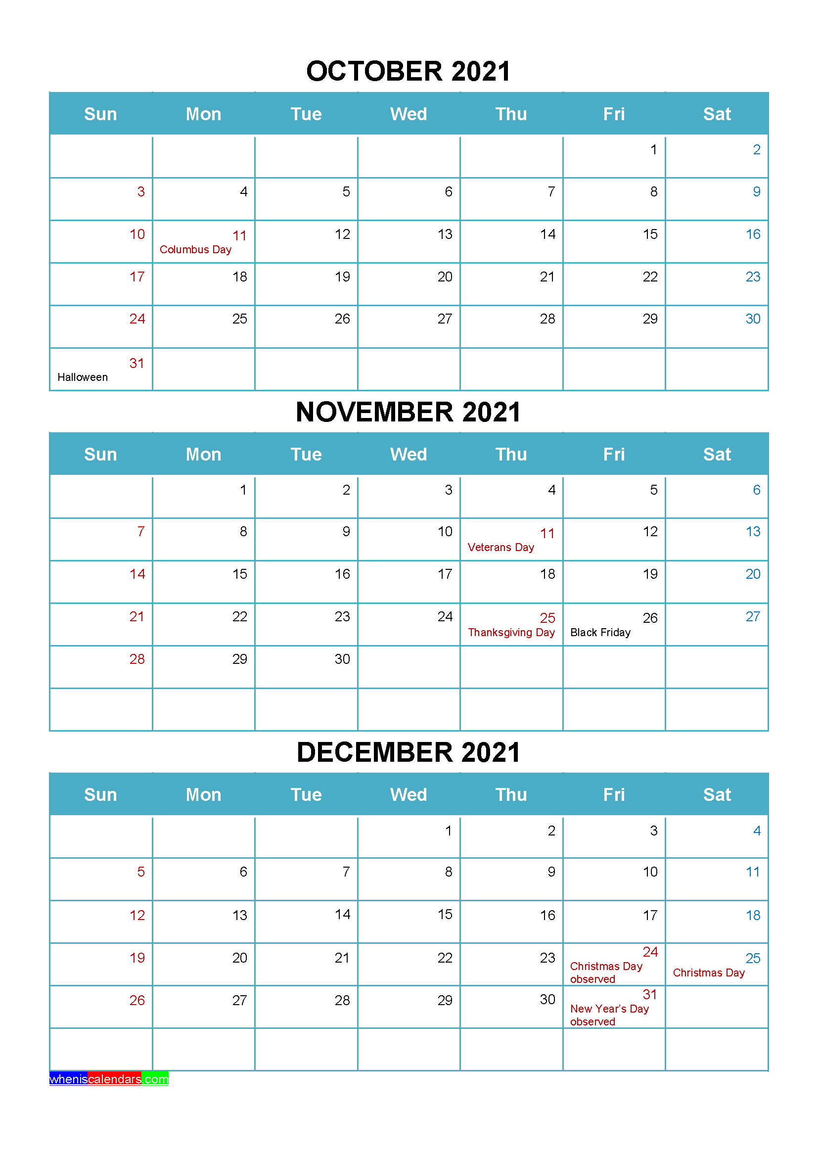 Printable October November December 2021 Calendar Word, PDF