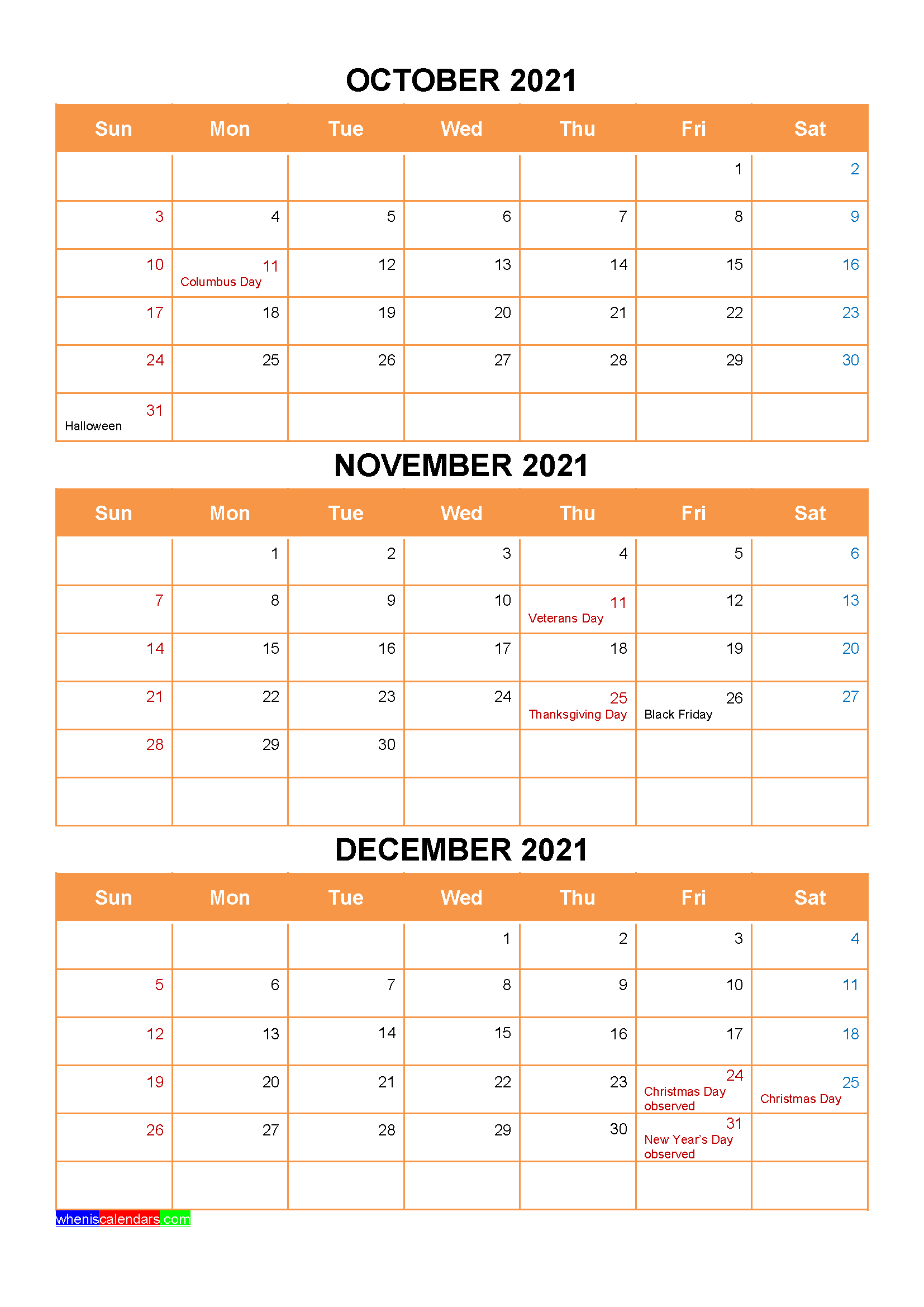 October November December 2021 Calendar with Holidays Printable