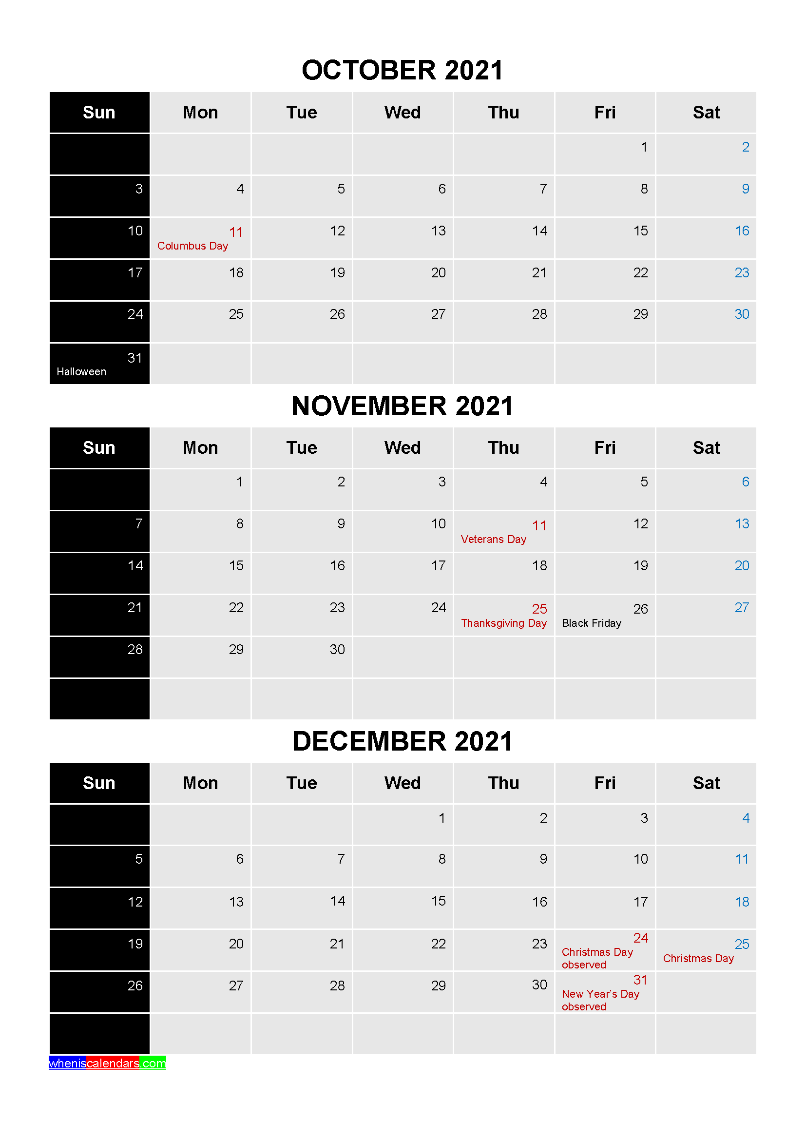 October November December 2021 Calendar with Holidays