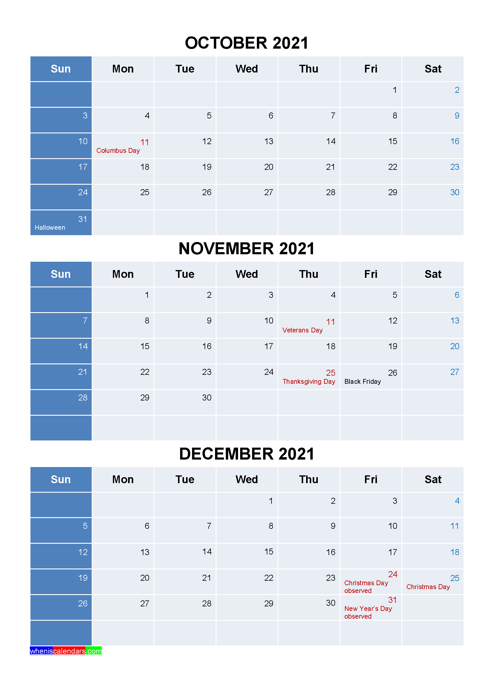 Free October November December 2021 Calendar with Holidays
