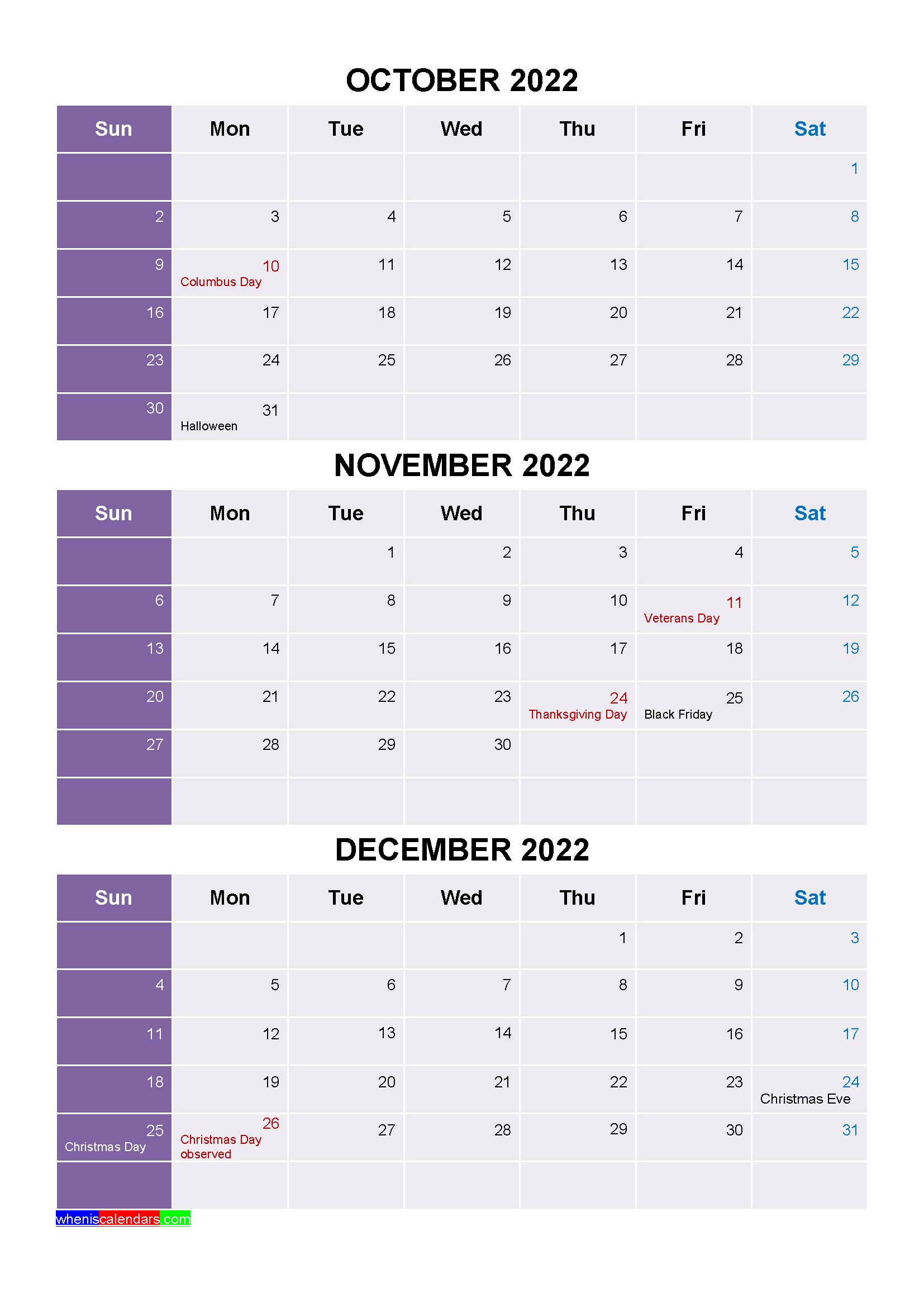 Printable October November December 2022 Calendar Word, PDF