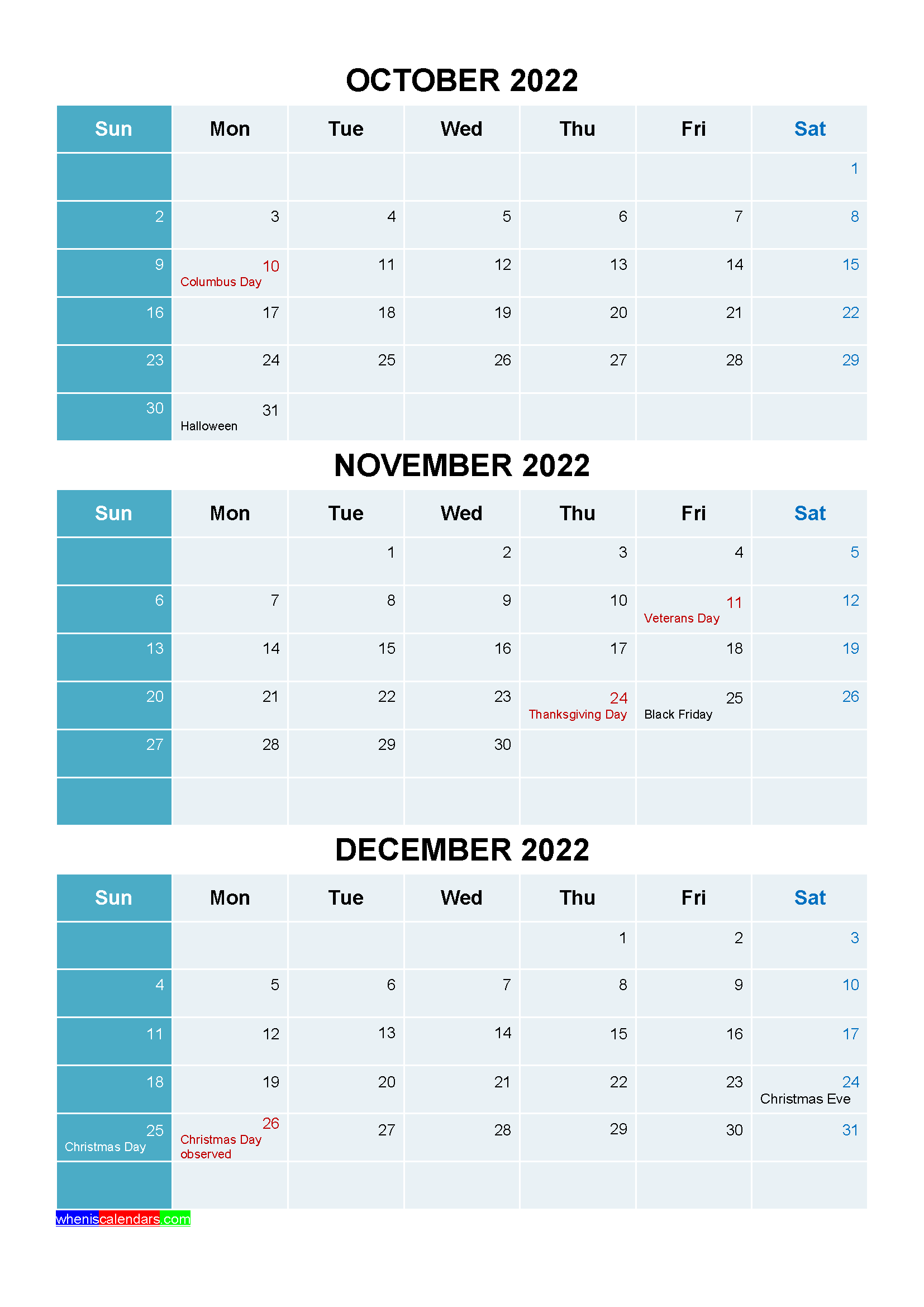 October November December 2022 Calendar with Holidays Word, PDF