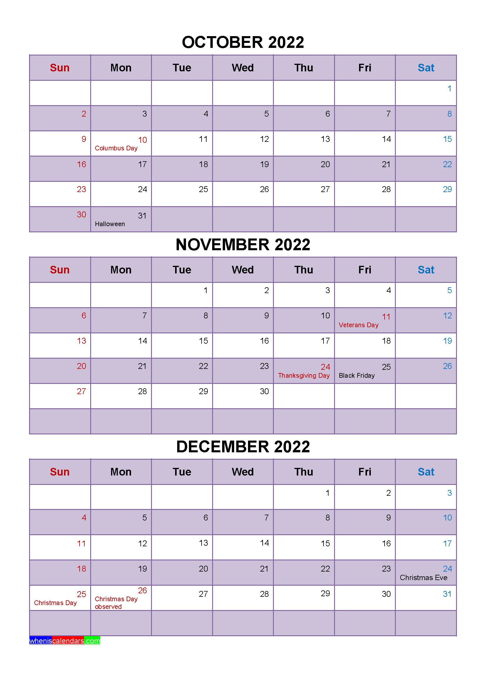 Free Printable October November December 2022 Calendar with Holidays as Word, PDF