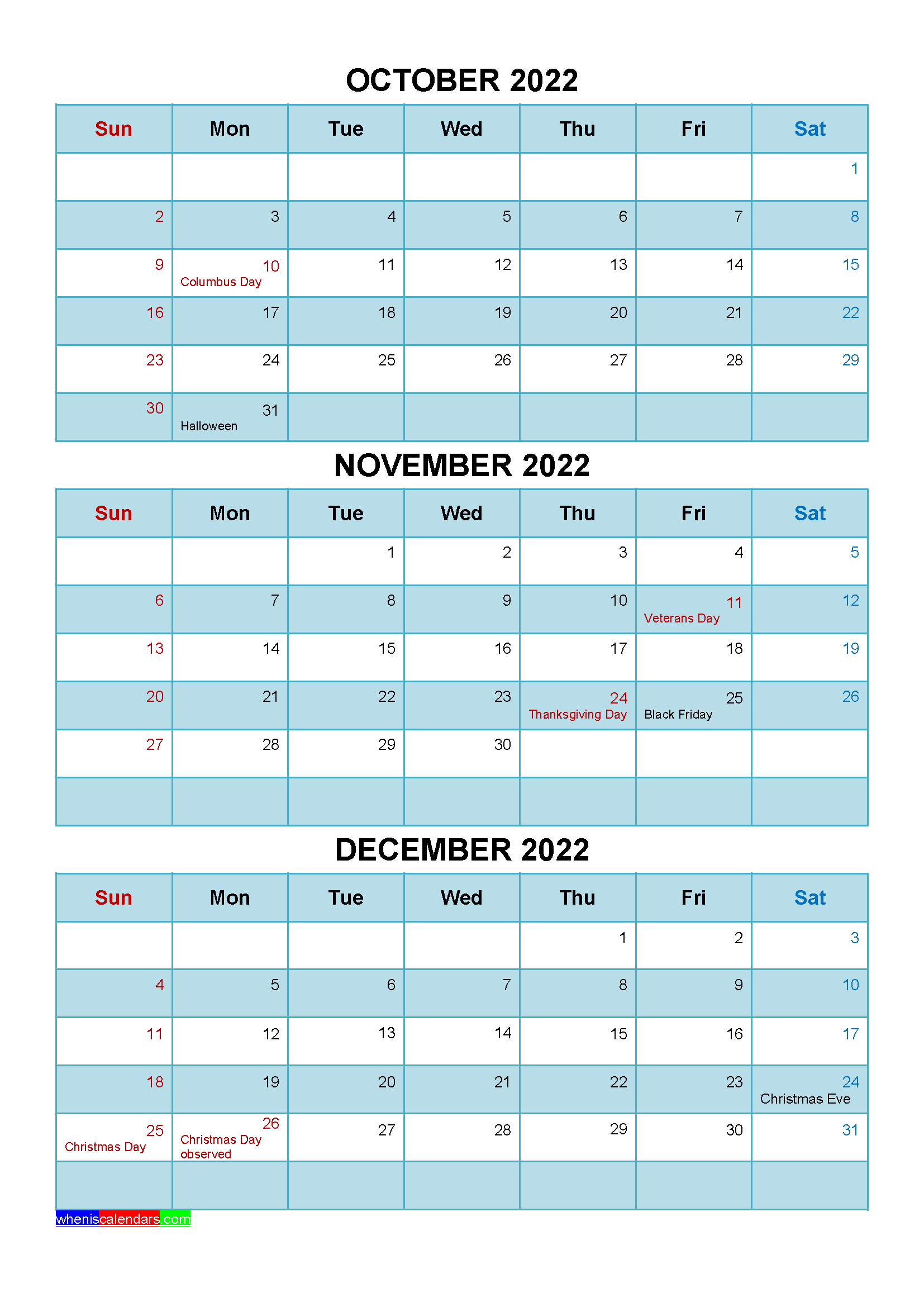 Printable October November December 2022 Calendar Template Word, PDF