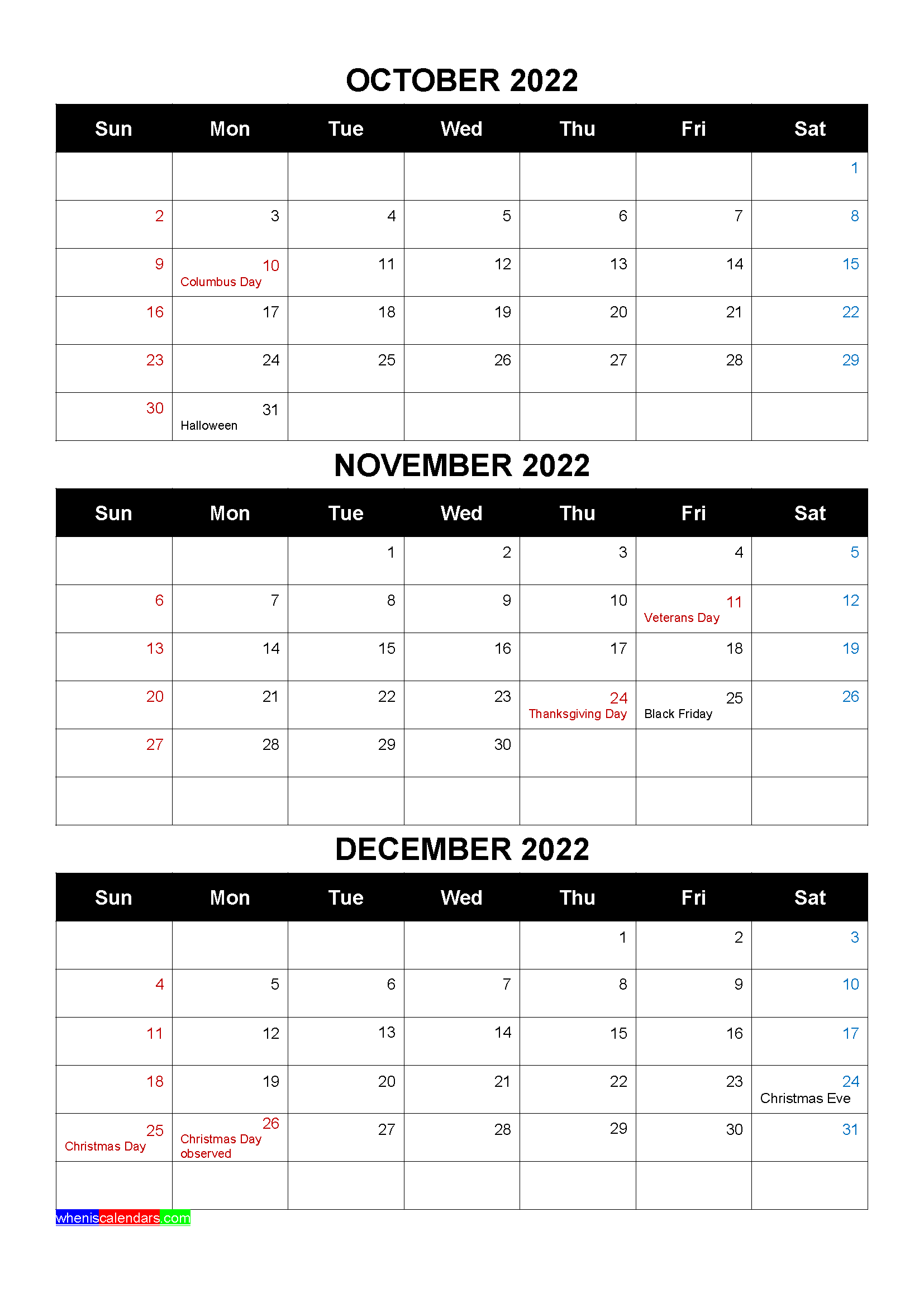 Free October November December 2022 Printable Calendar Template