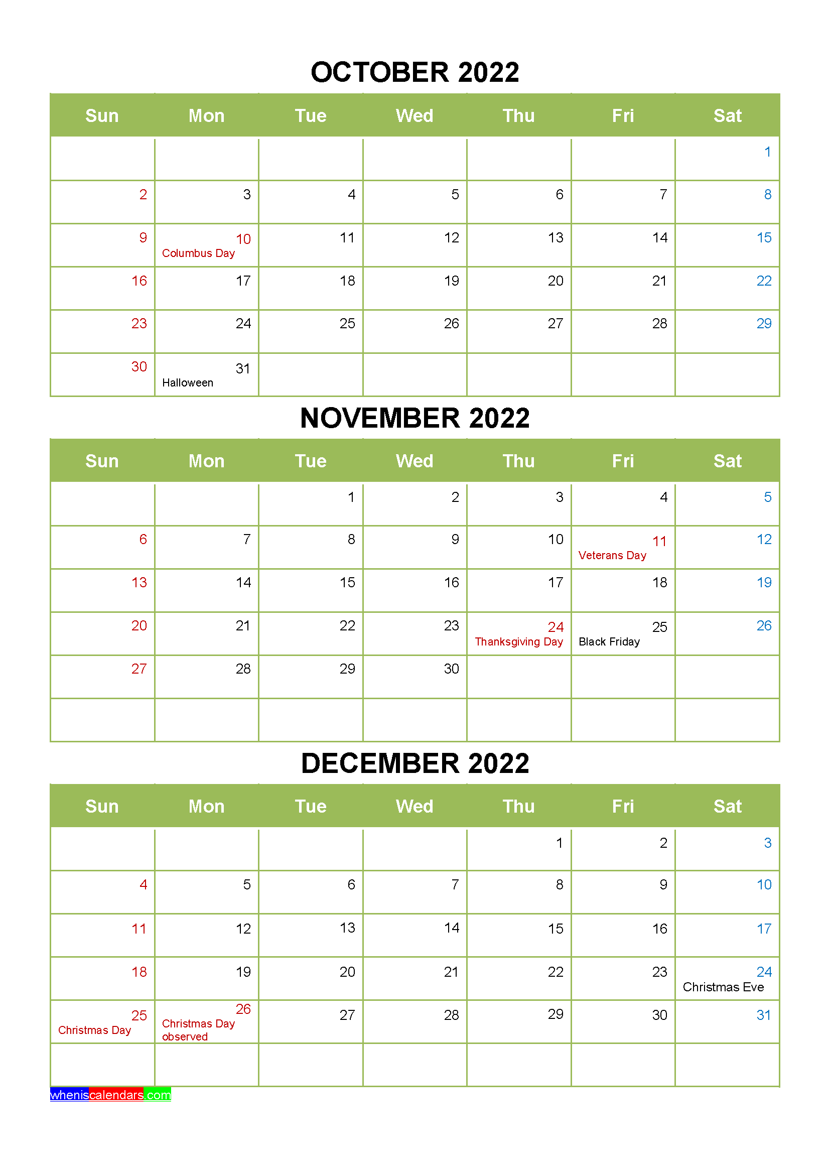 Free Printable October November December 2022 Calendar 3 Months 1 Page